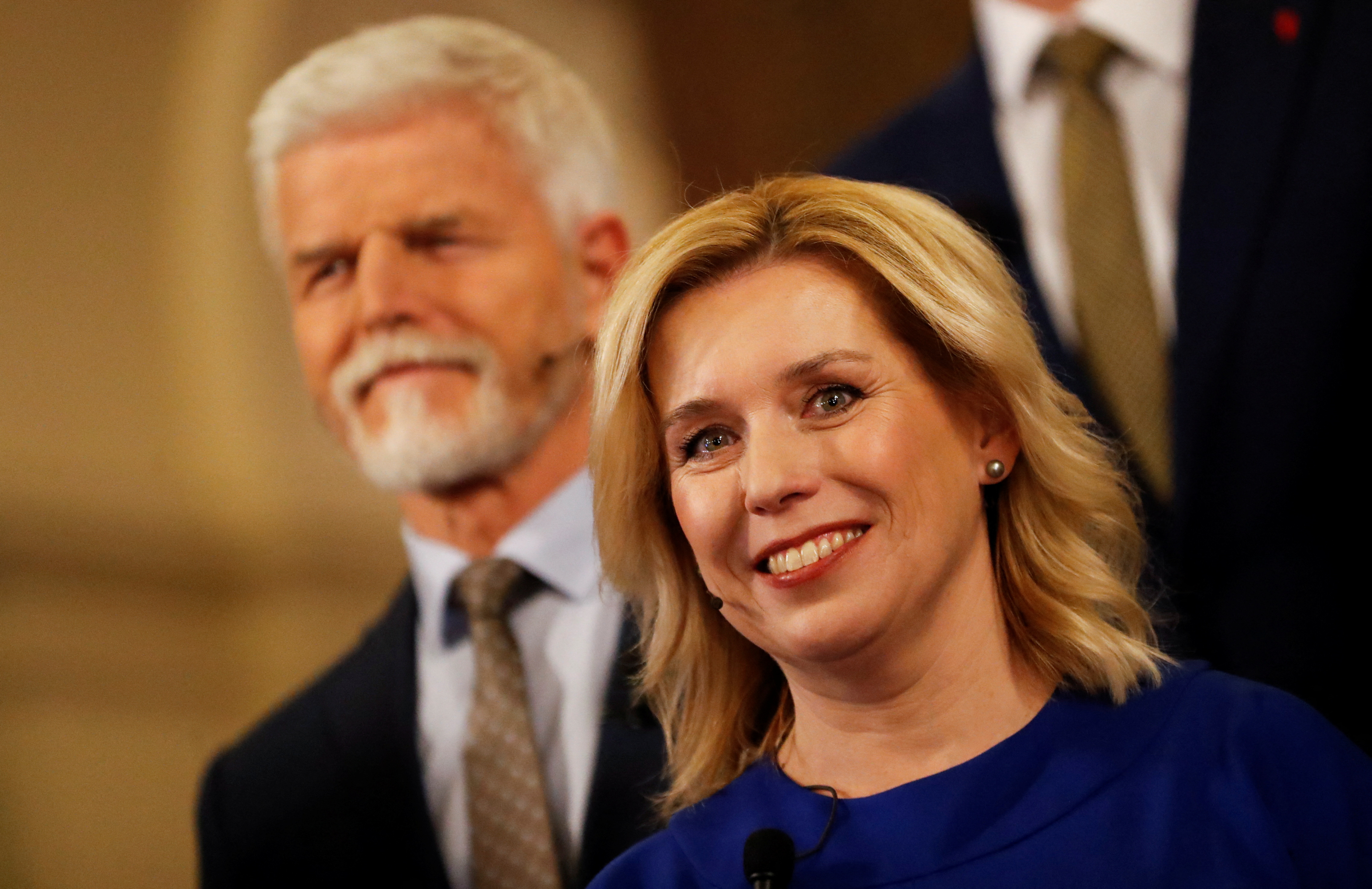 Czech presidential candidates Petr Pavel, and Danuse Nerudova attend a final televised debate, ahead of a direct presidential election that will start on January 13, in Prague, Czech Republic January 8, 2023. REUTERS/David W Cerny