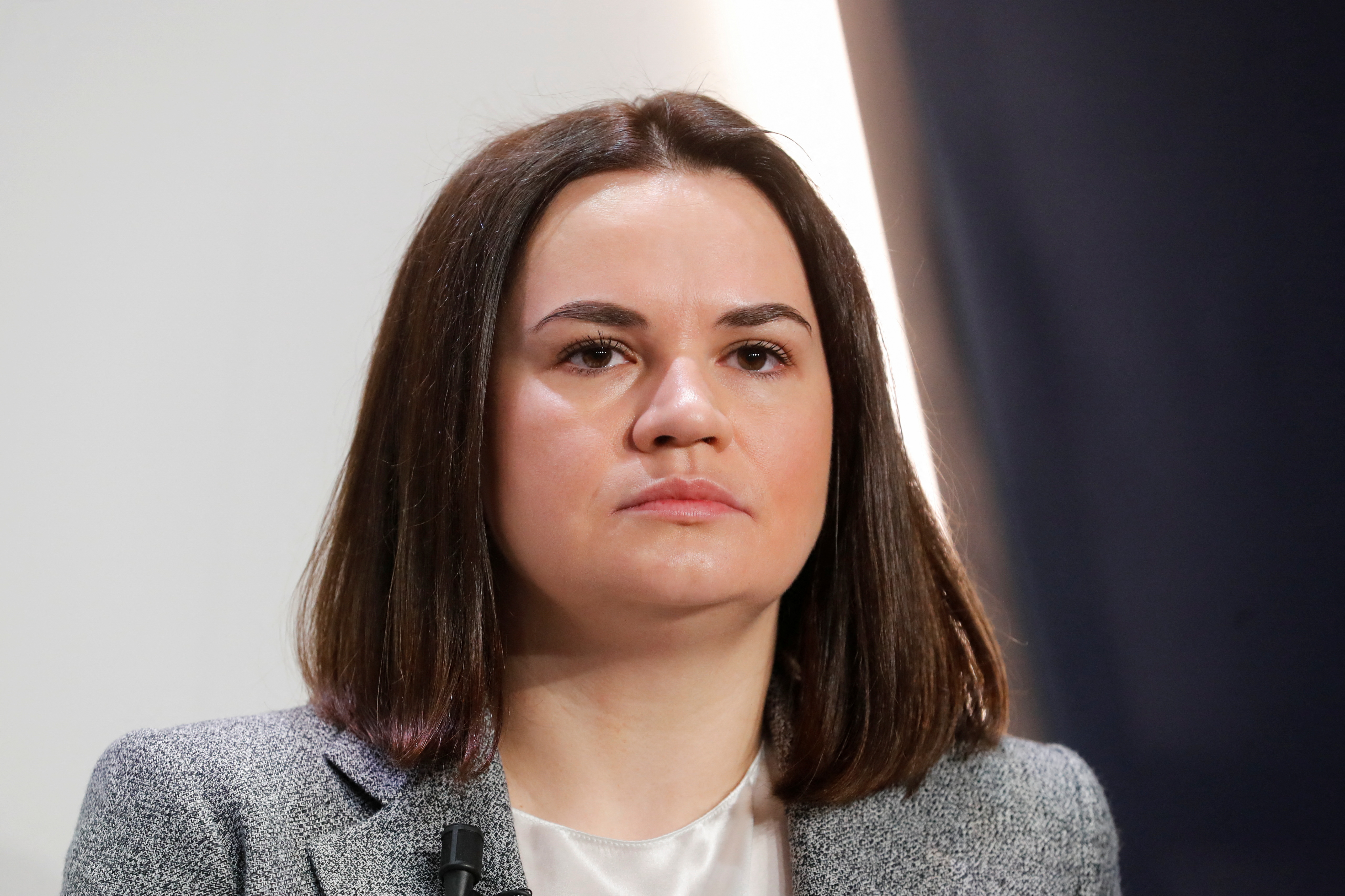 Belarusian opposition leader Sviatlana Tsikhanouskaya takes part in World Economic Forum (WEF) session "In Defence of Europe", in Davos, Switzerland, January 17, 2023. REUTERS/Arnd Wiegmann