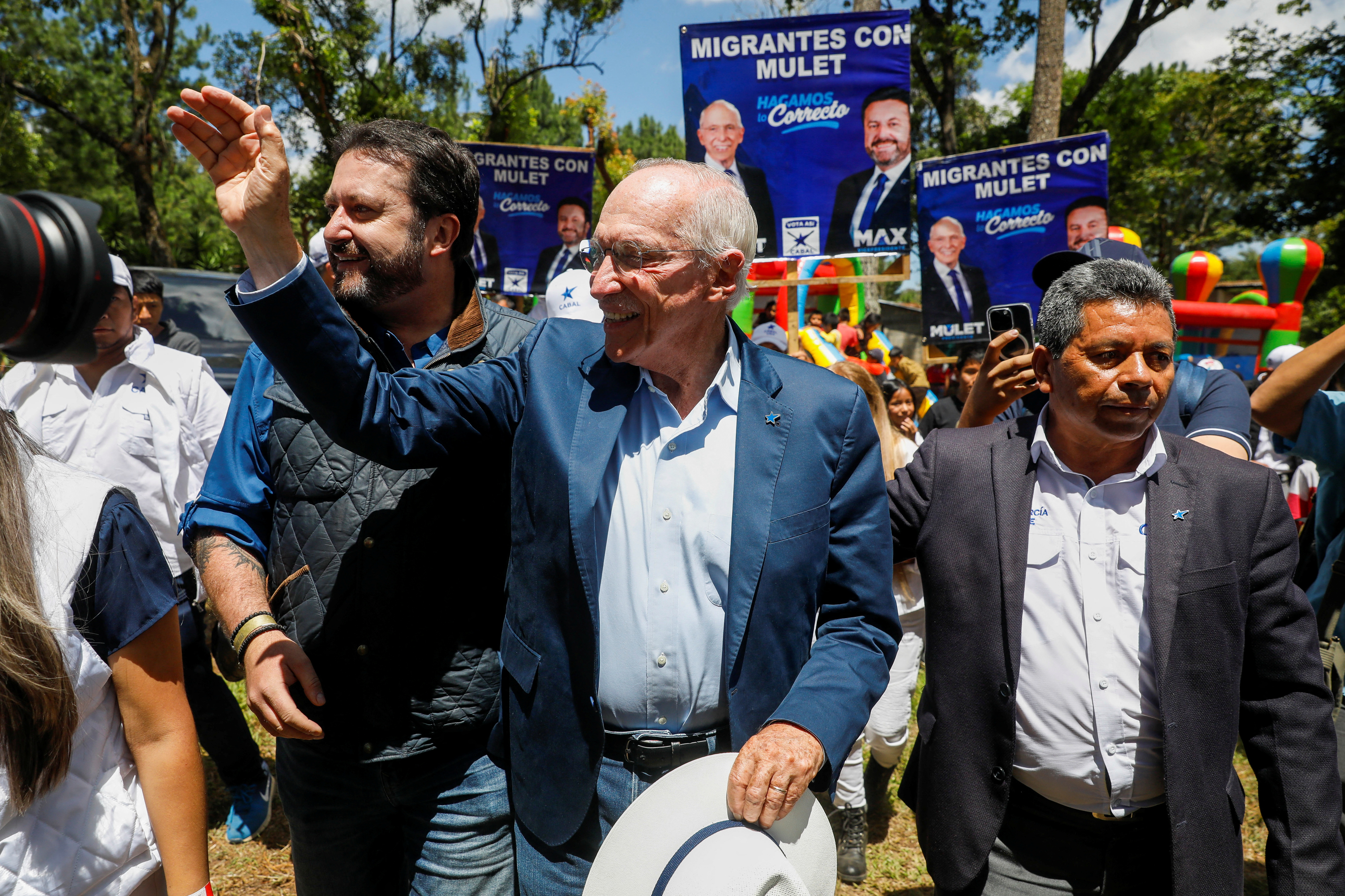 Guatemalan presidential candidate Edmond Mulet waves to a crowd