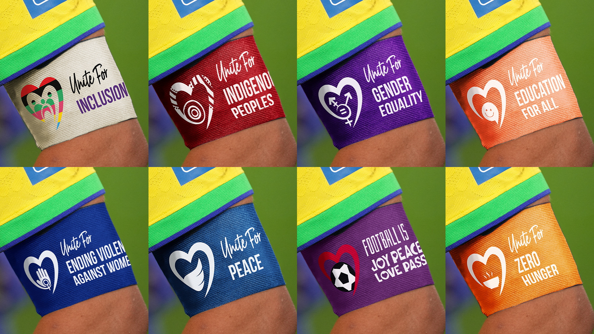 A combination mock-up picture shows the armbands that FIFA says team captains will be permitted to wear during the 2023 FIFA Women's World Cup, in this undated handout image released June 30, 2023 [FIFA via Reuters]