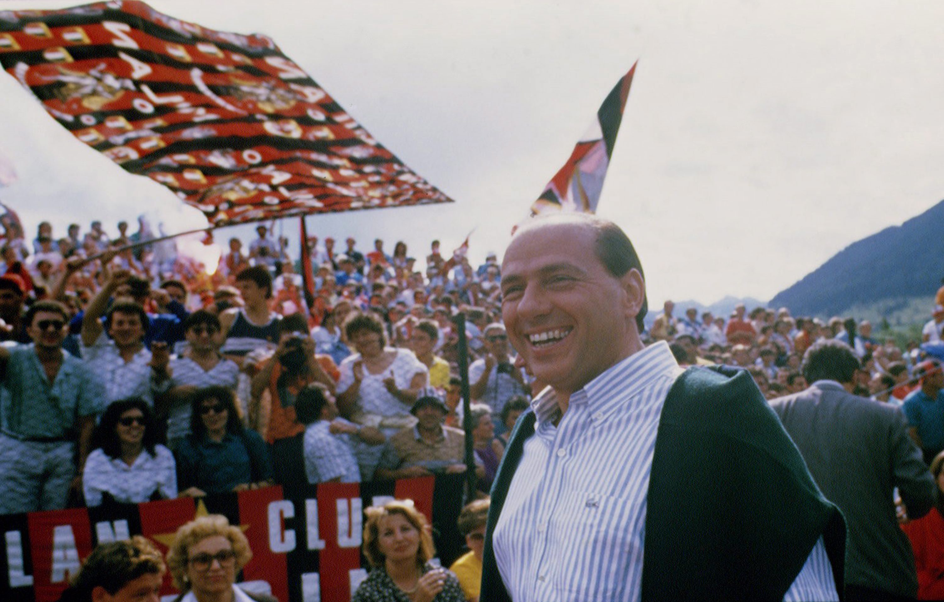 Silvio Berlusconi attends a training session of his football team A.C. Milan in 1993