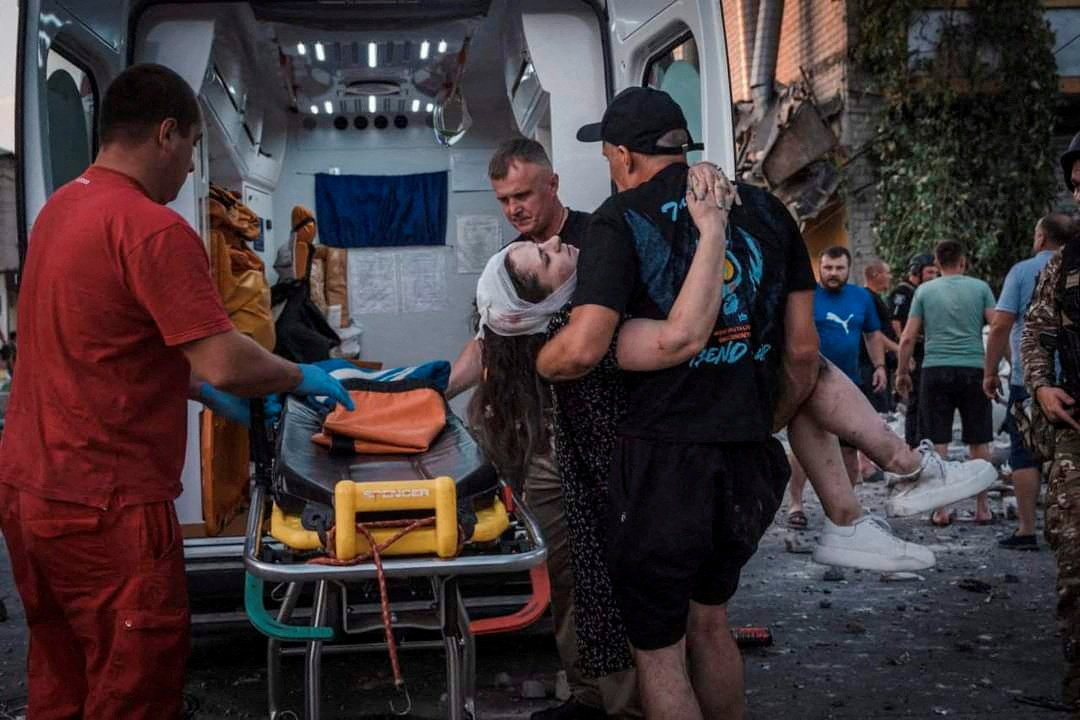 Rescuers work at the site where a building was destroyed during a Russian missile strike in Pokrovsk, Donetsk region, Ukraine August 7, 2023.
