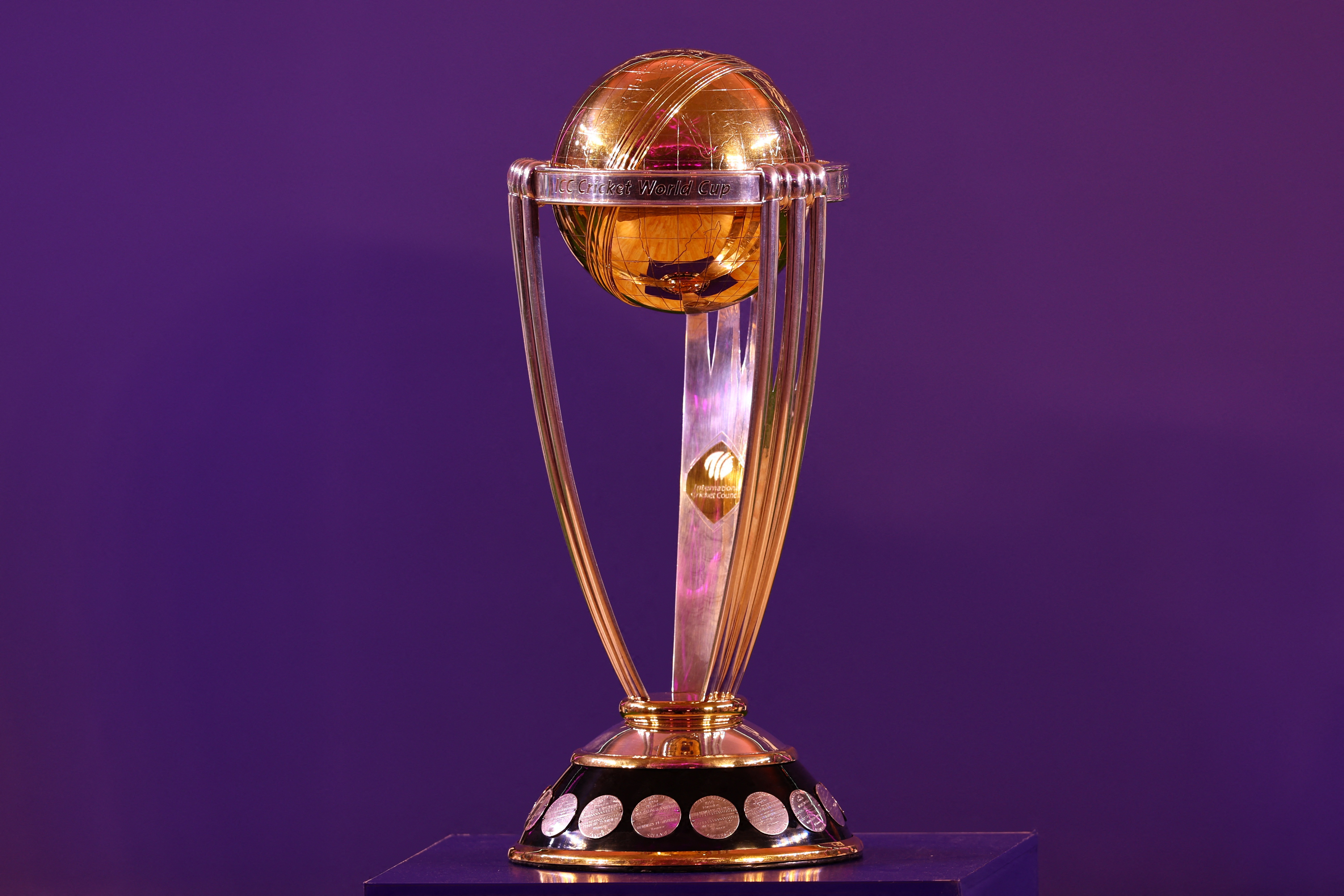 The ICC Cricket World Cup trophy is displayed at the captain's day