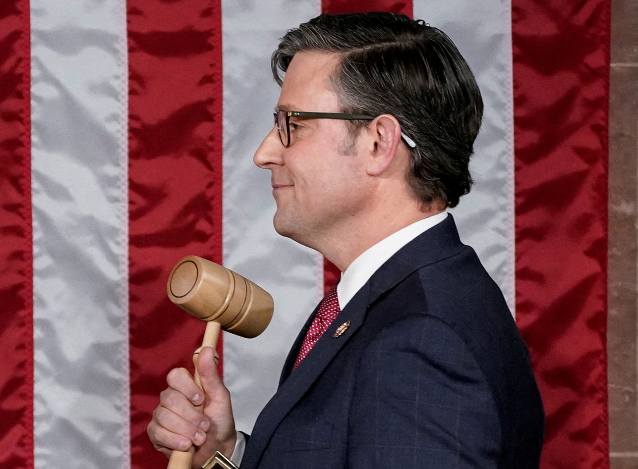 Newly elected Speaker of the House Mike Johnson (R-LA) wields the gavel of the Speaker after he was elected to be the new Speaker at the US Capitol in Washington, US.