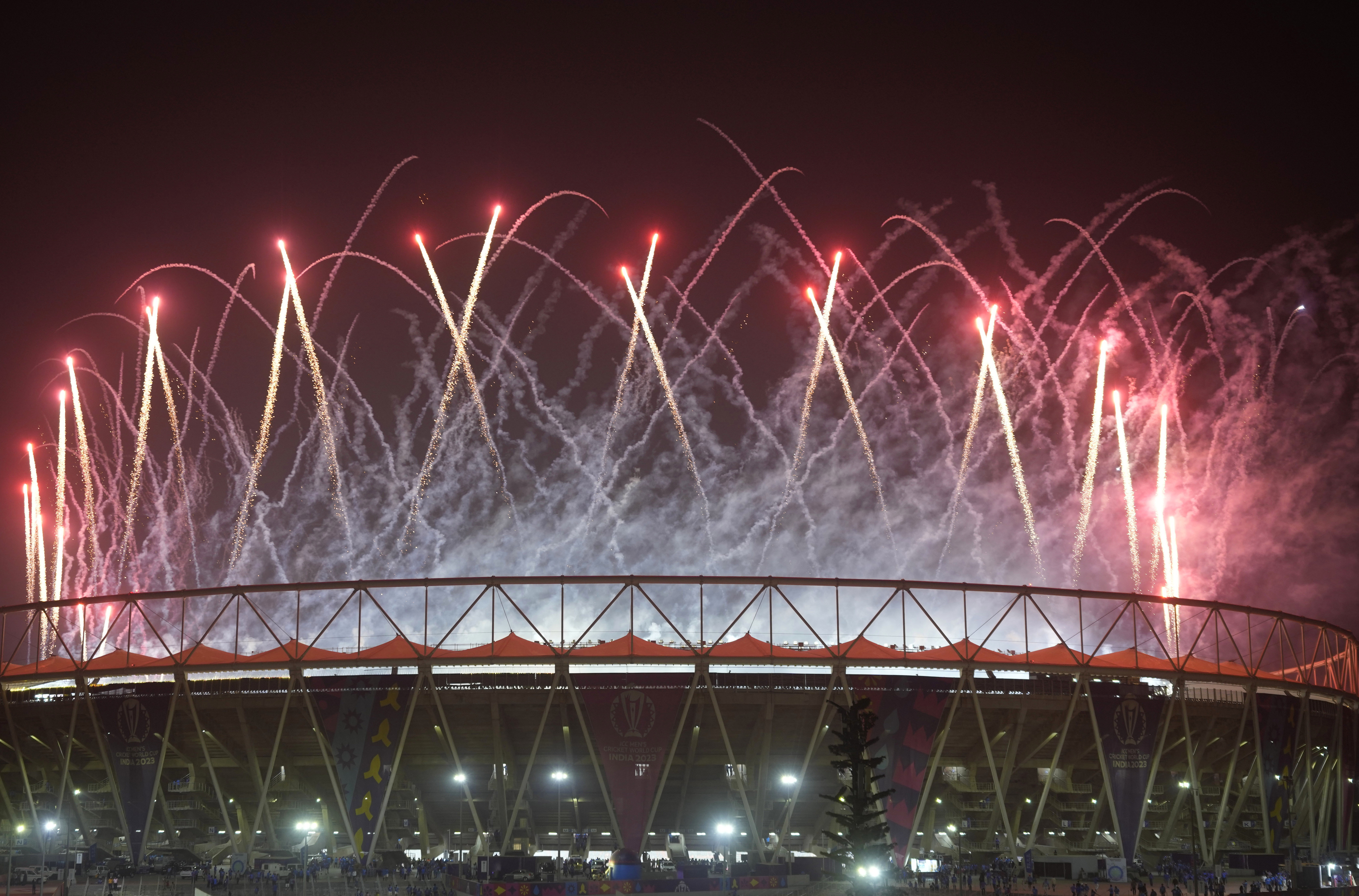 Fireworks light up the sky over the Narendra Modi stadium after Australia won against India by 6 wickets during the ICC Men's Cricket World Cup final match in Ahmedabad, India.