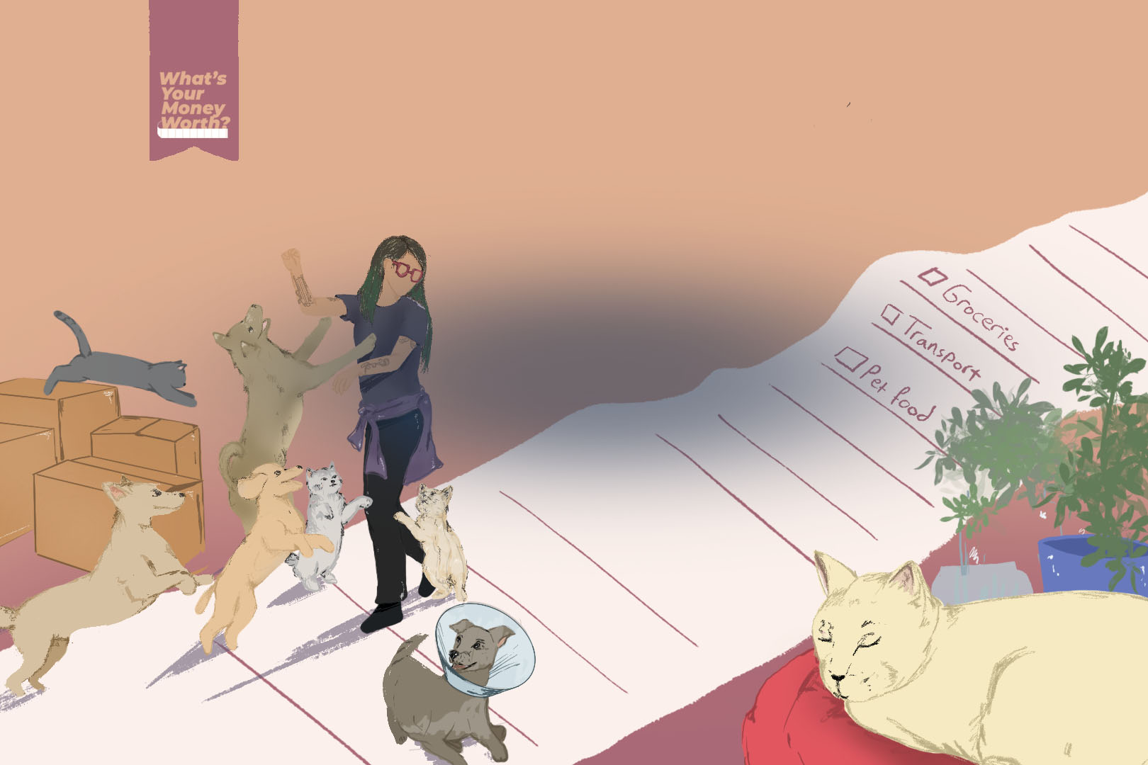An illustration of a woman standing with three dogs and two cats jumping in front of her trying to get her attention with another dog walking away on the right, a cat jumping from four boxes on the left and a cat sleeping on the right. The woman is standing on a long receipt or list that acts as a road.
