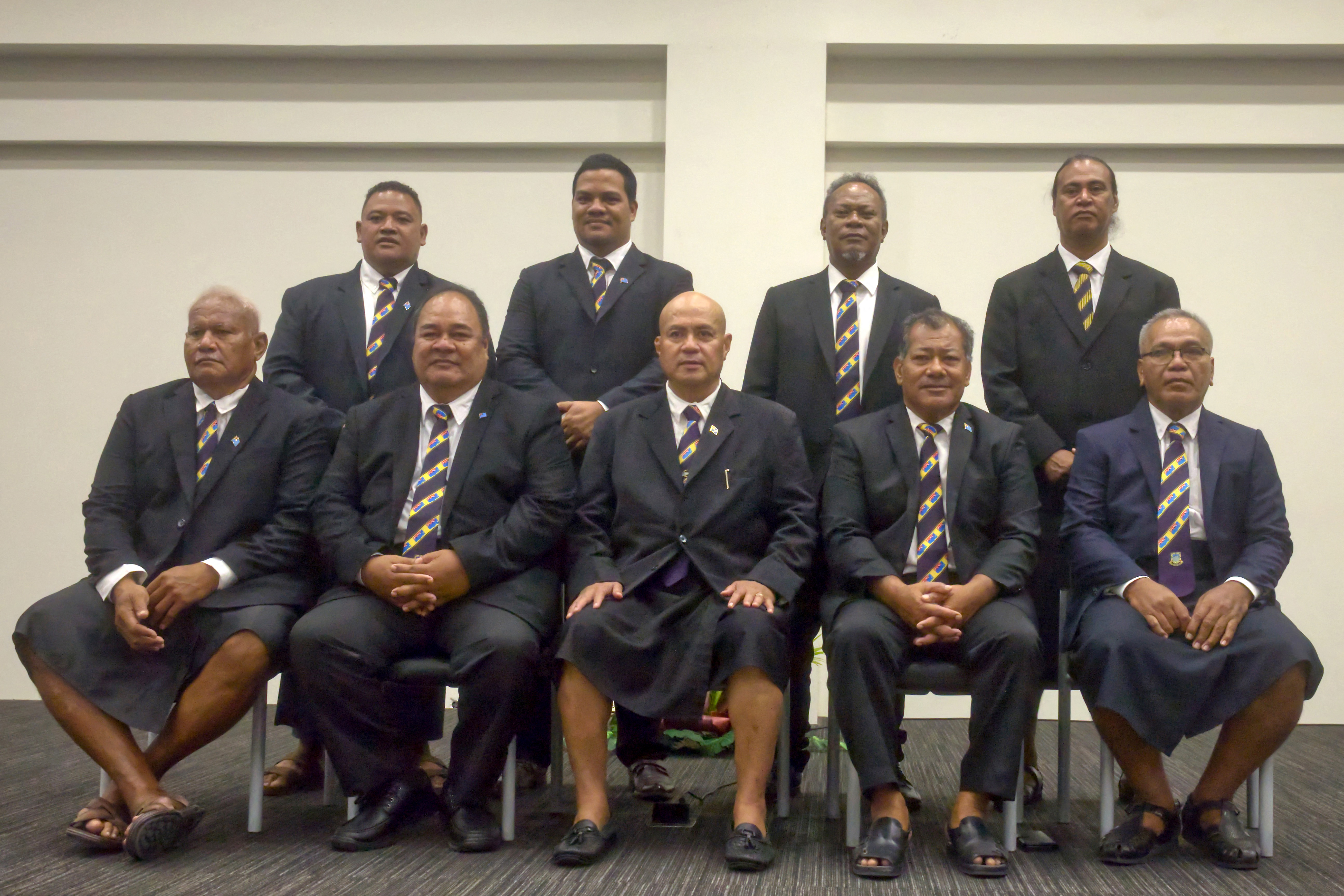 Tuvalu's Prime Minister Feleti Teo poses with his cabinet members after a swearing-in ceremony in Funafuti, the capital of the south Pacific nation of Tuvalu, on February 28, 2024.