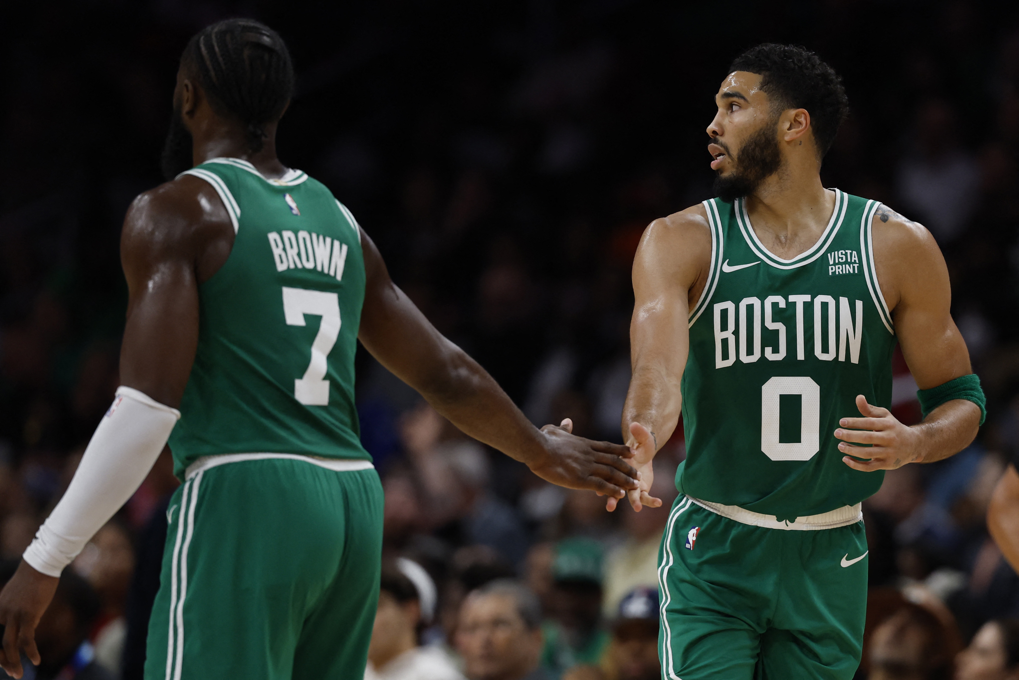 Jayson Tatum (0) and Jaylen Brown.