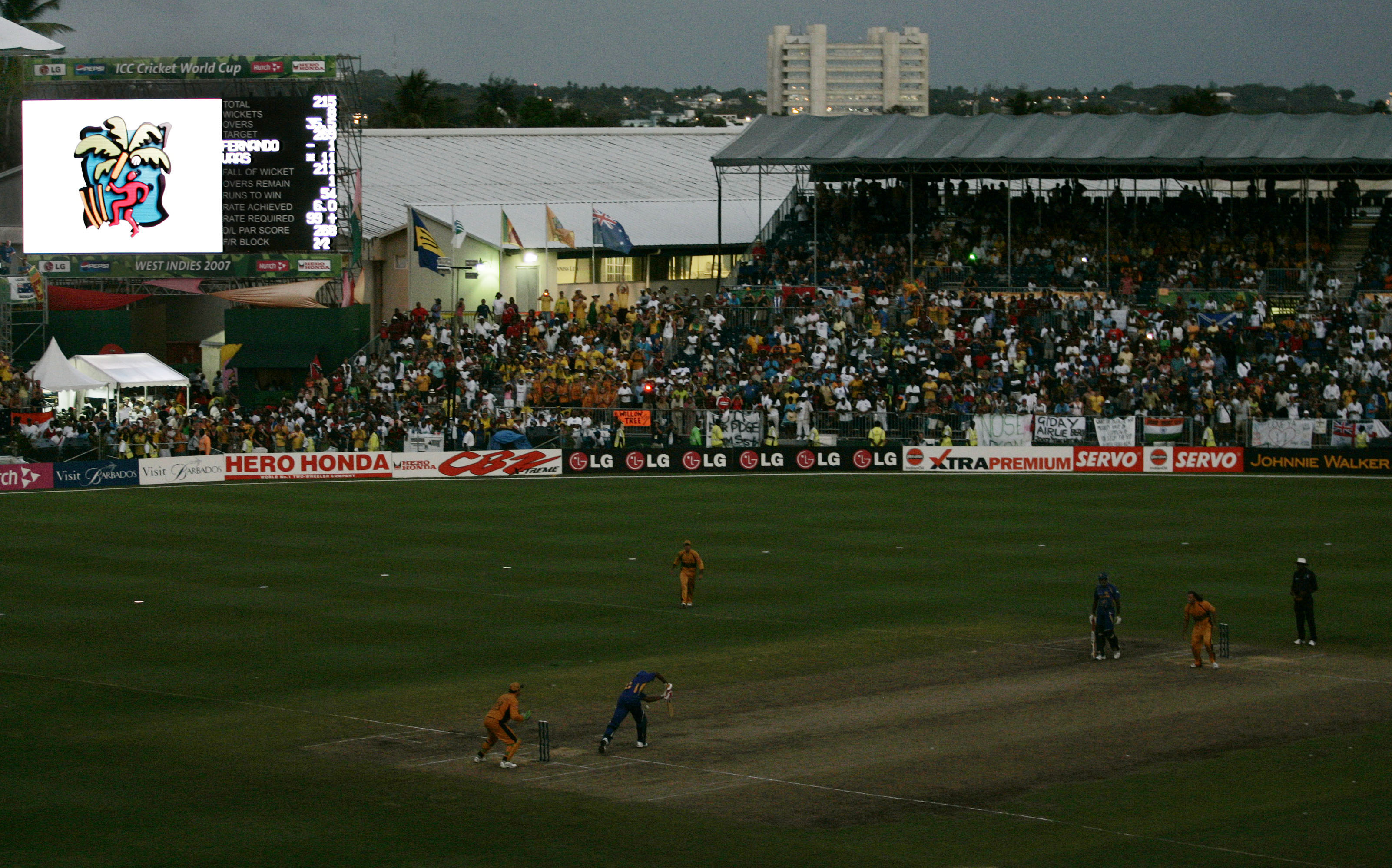 The final three overs of the final of the ICC Cricket World Cup 2007 were bowled in near darkness in Bridgetown on April 28, 2007