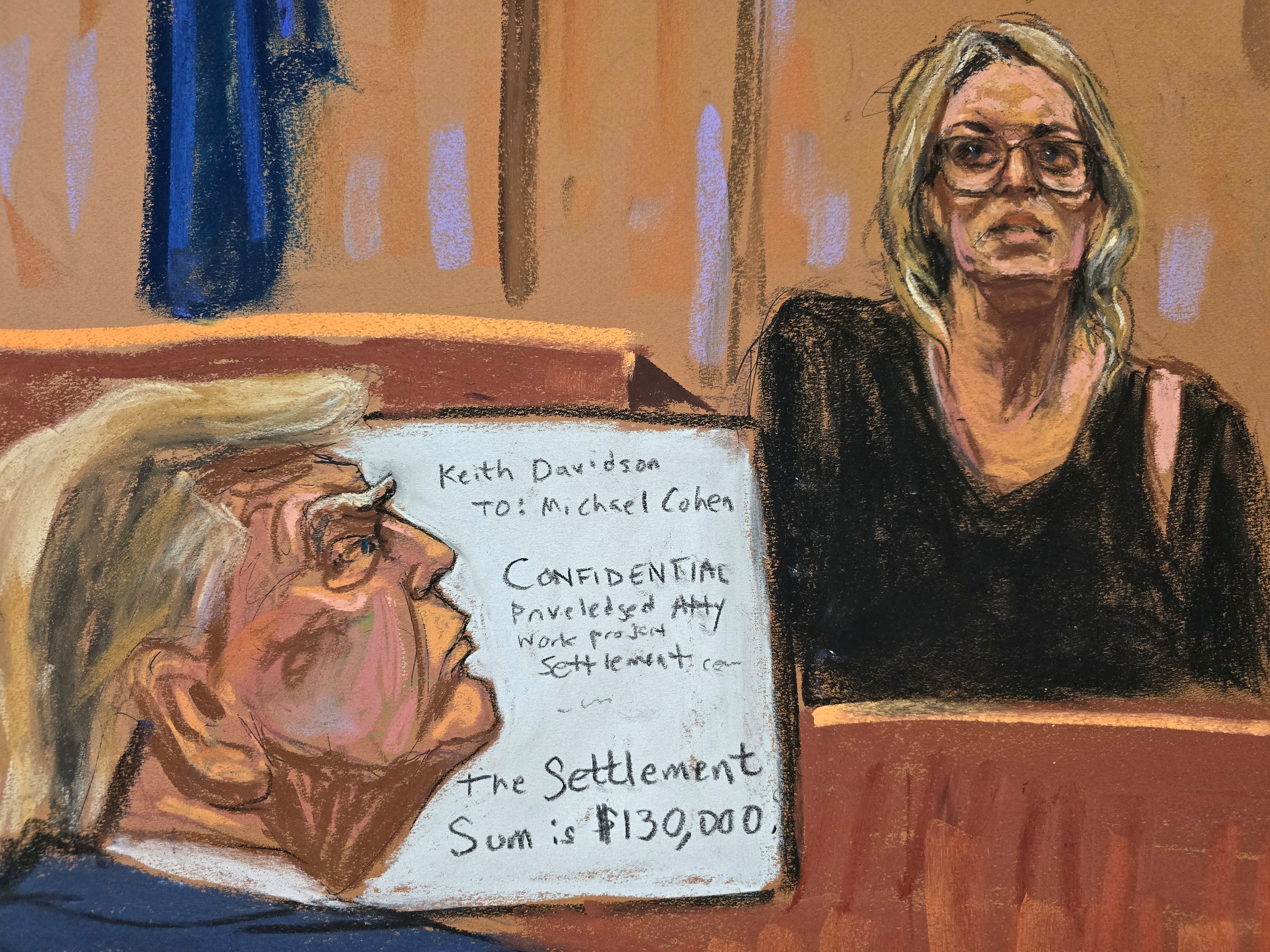 A courtroom sketch of Donald Trump watching as Stormy Daniels testifies