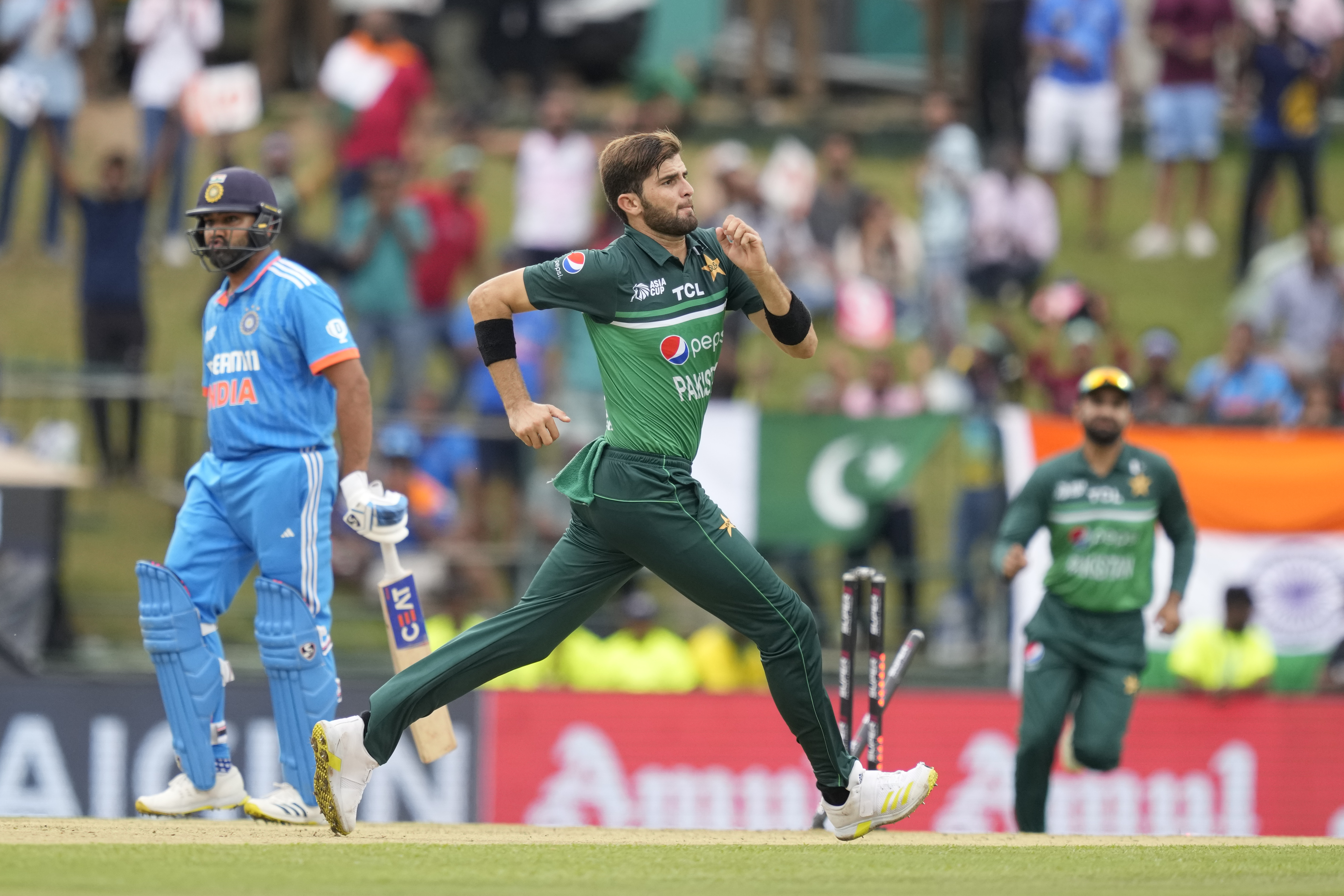 Pakistan’s Shaheen Shah Afridi celebrates after dismissing India’s captain Rohit Sharma during the Asia Cup 2023 match in Pallekele, Sri Lanka