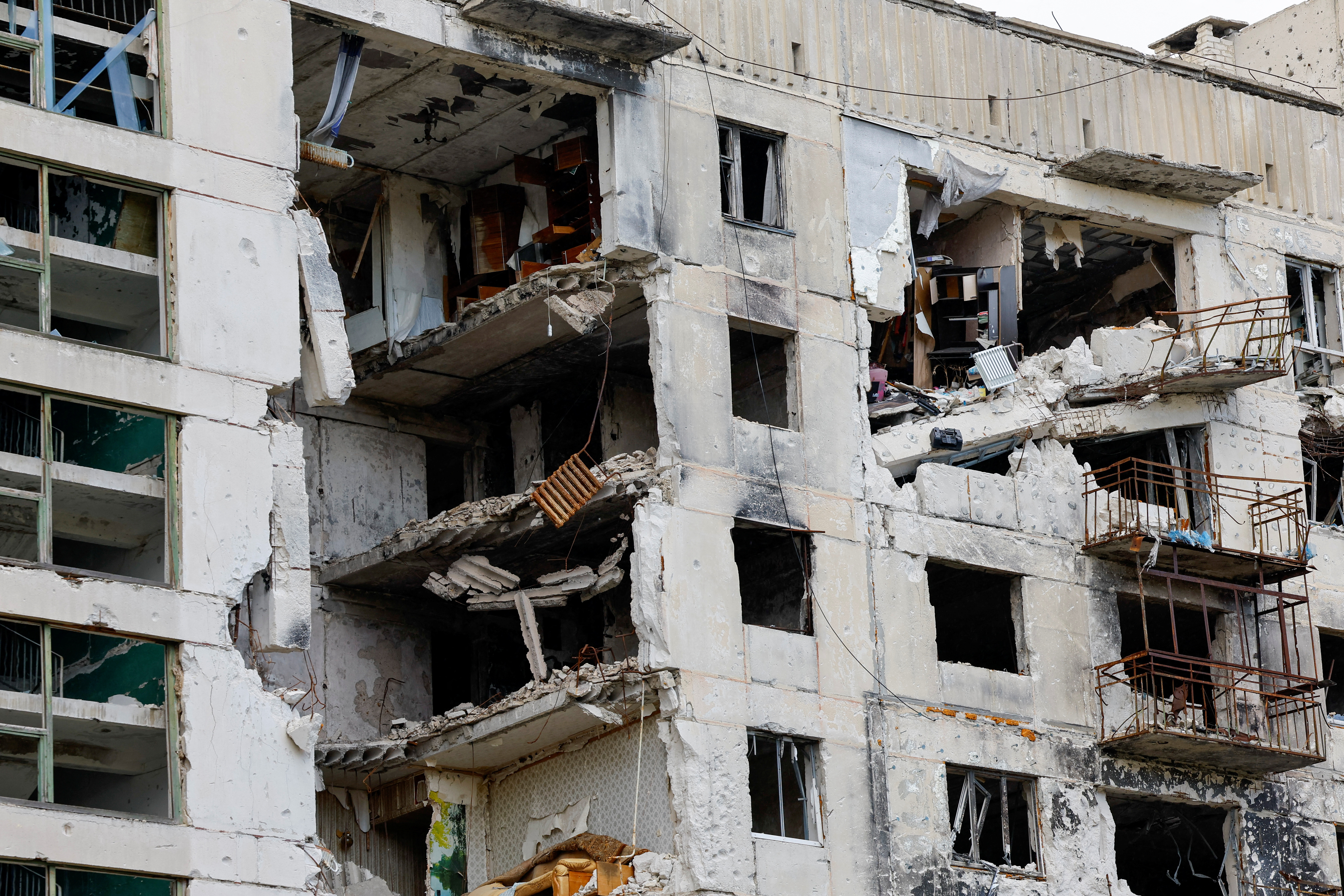 multi-storey residential building destroyed in the course of Russia-Ukraine conflict in the town of Severodonetsk in the Luhansk region