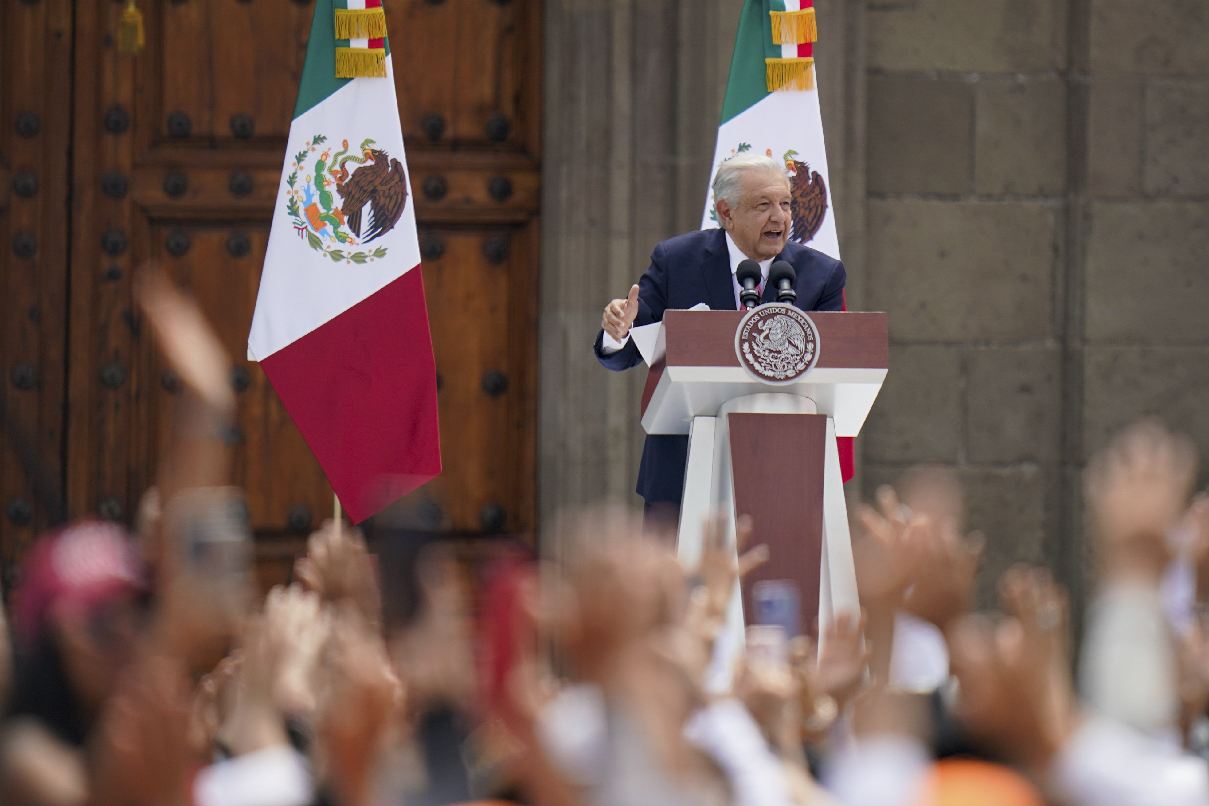 Outgoing President Andres Manuel Lopez Obrador delivers his last State of the Union at the Zocalo, Mexico City’s main square
