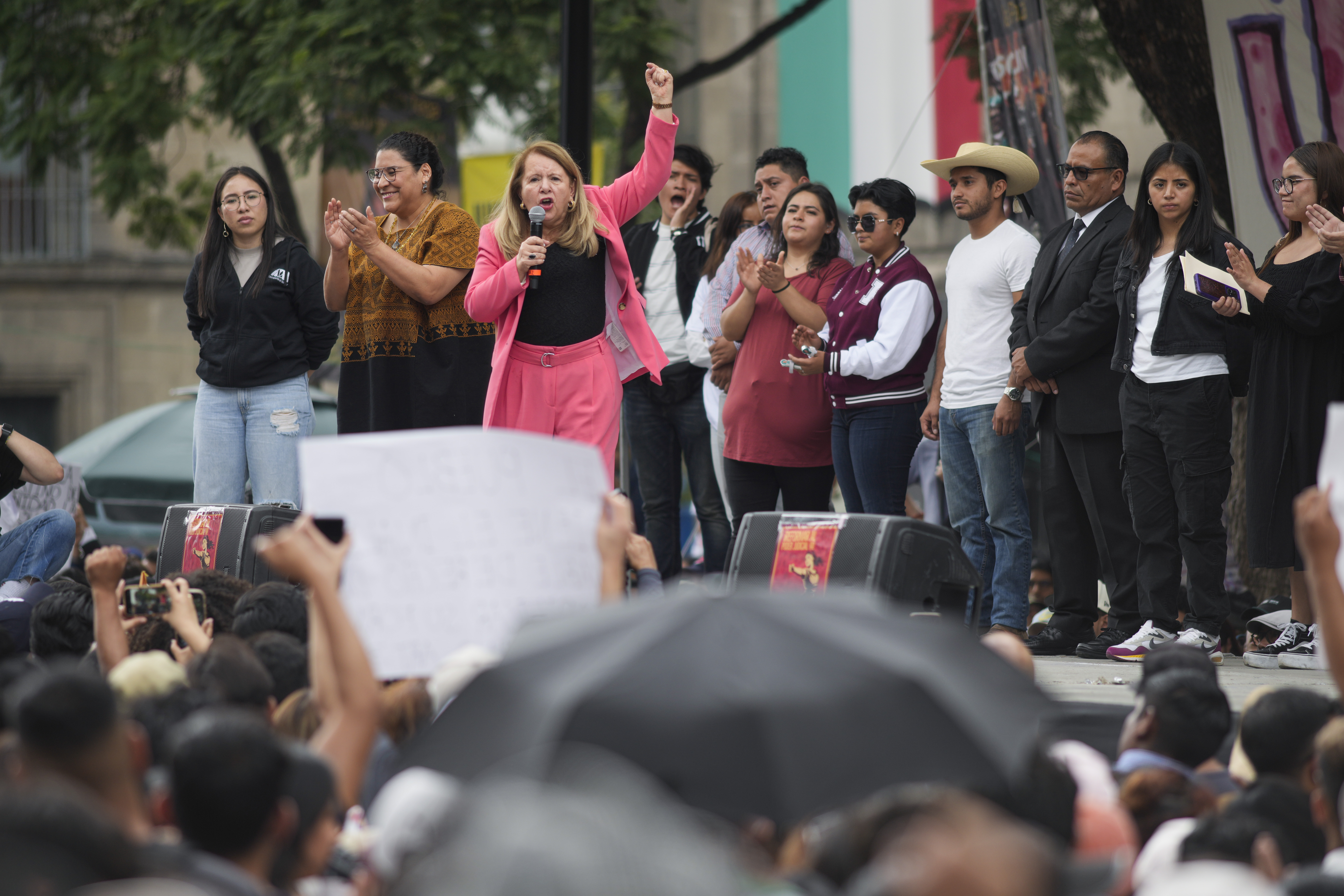 Justice Minister Loretta Ortiz speaks during a rally in favour of the government’s proposed judicial reforms outside the Supreme Court building in Mexico City