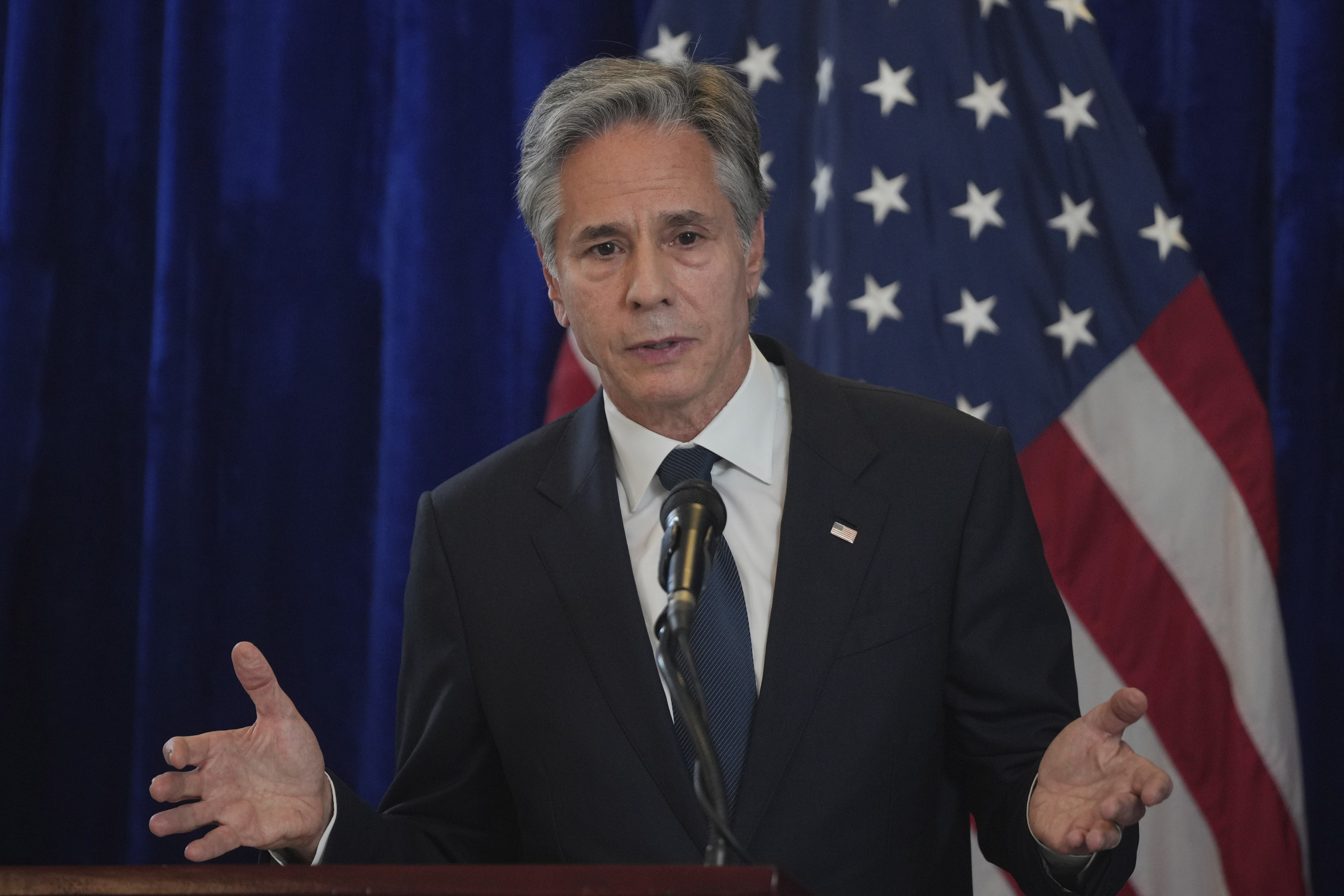 U.S. Secretary of State Antony Blinken speaks during a news conference on the sidelines of the Association of Southeast Asian Nations (ASEAN) Summit at the American Center in Vientiane, Laos, Friday, Oct. 11