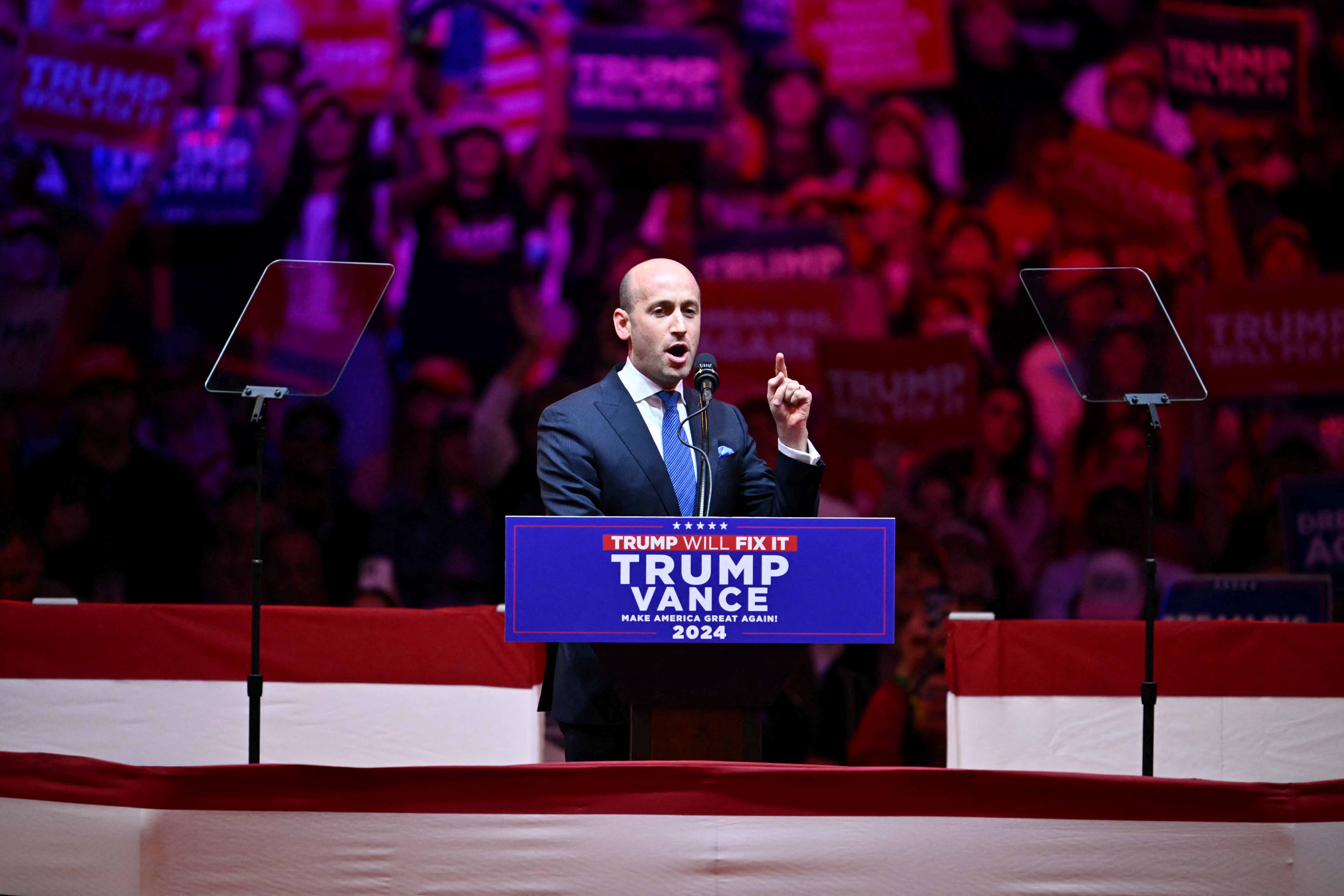 Senior Trump advisor Stephen Miller speaks at a campaign rally for former US President and Republican presidential candidate Donald Trump at Madison Square Garden in New York, October 27, 2024. (Photo by ANGELA WEISS / AFP)