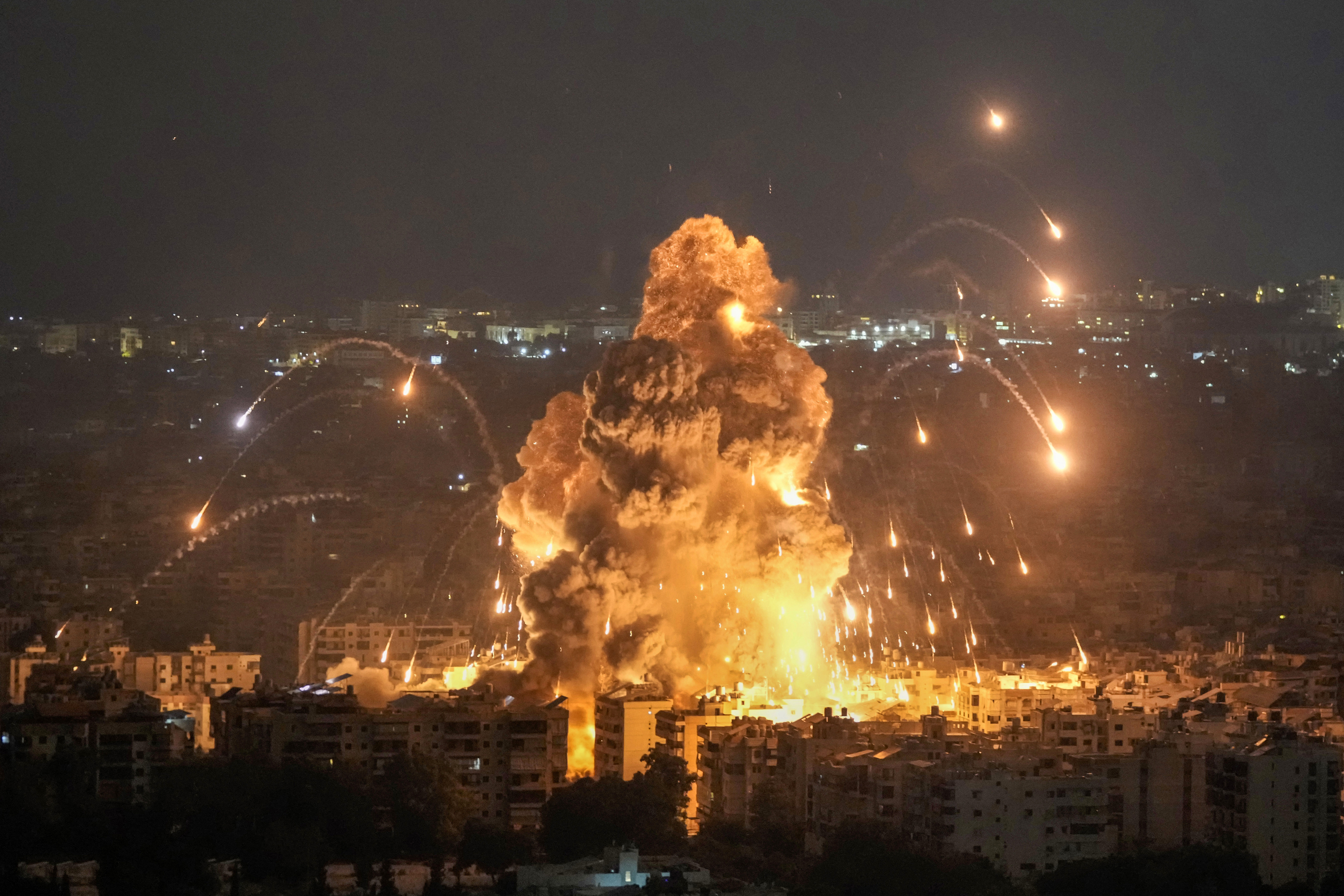 Flames and smoke rise from an Israeli airstrike in Dahiyeh, Beirut, Lebanon