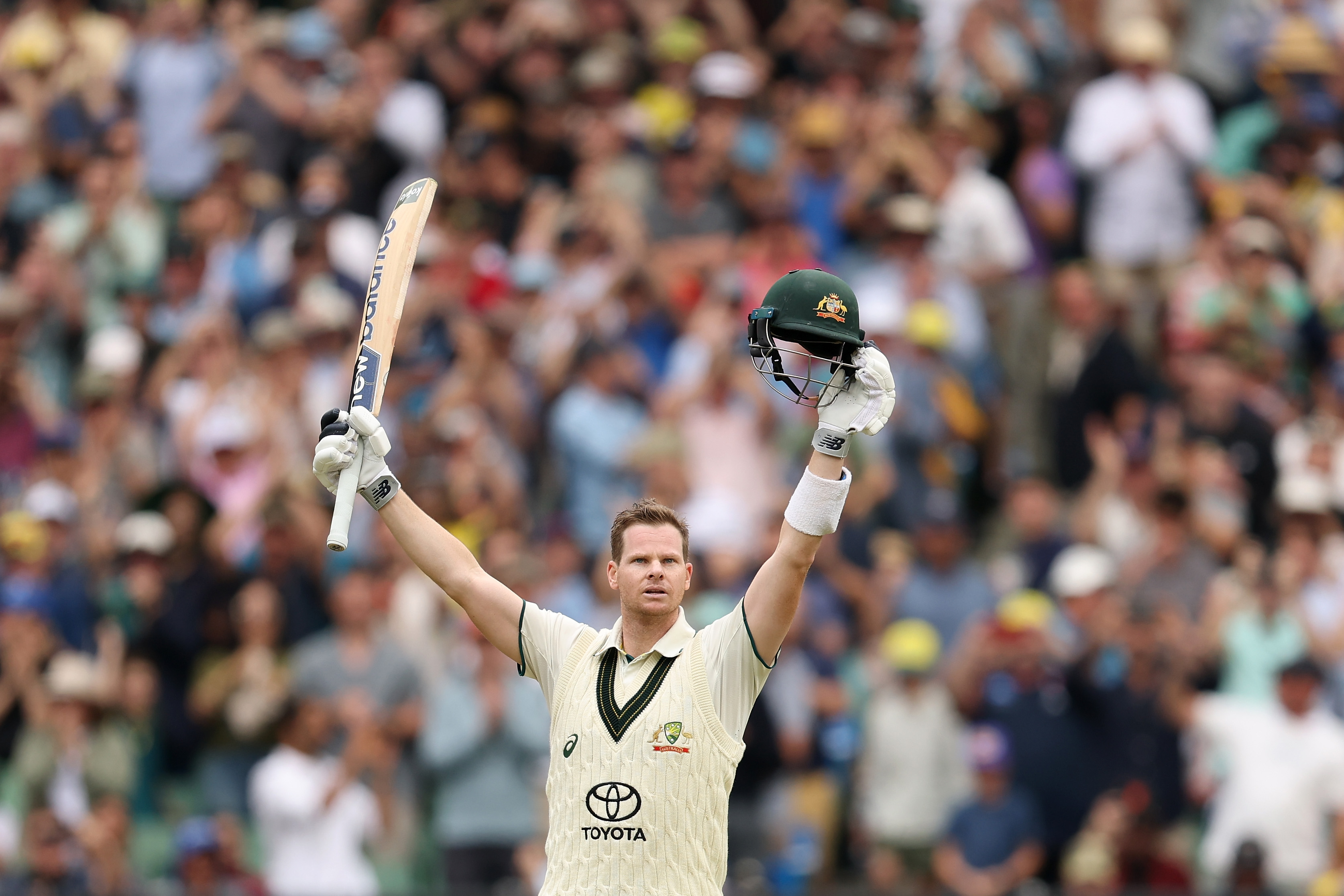 Australia’s Steve Smith celebrates a century during day two of the Men’s Fourth Test Match in the series between Australia and India at the Melbourne Cricket Ground on December 27, 2024, in Melbourne, Australia