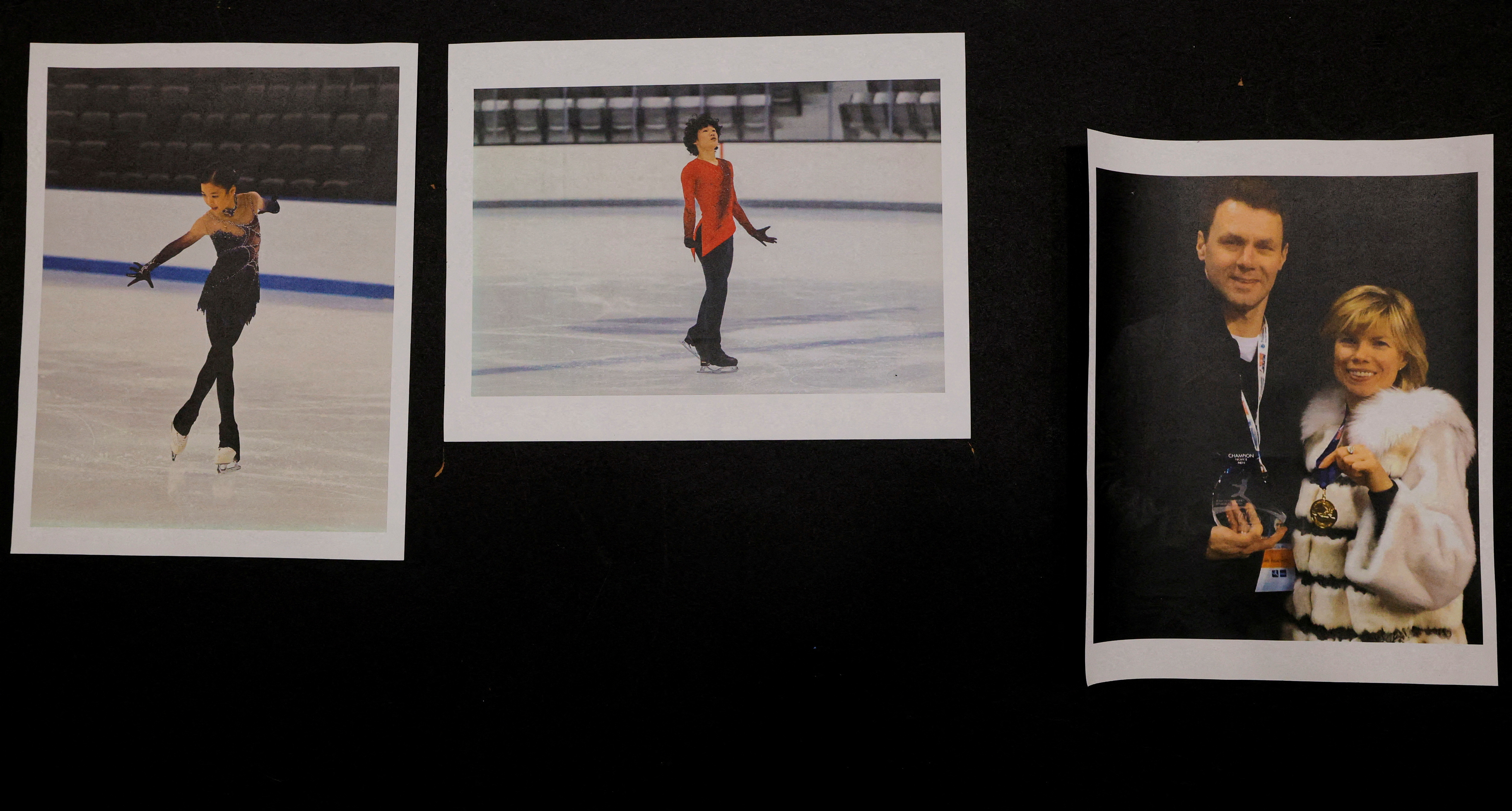 Photographs of athletes Jinna Han and Spencer Lane, and coaches Vadim Naumov and Evgenia Shishkova, all of whom died in the crash of American Eagle flight 5342 in Washington, DC, are displayed at the Skating Club of Boston in Norwood, Massachusetts, U.S., January 30, 2025.