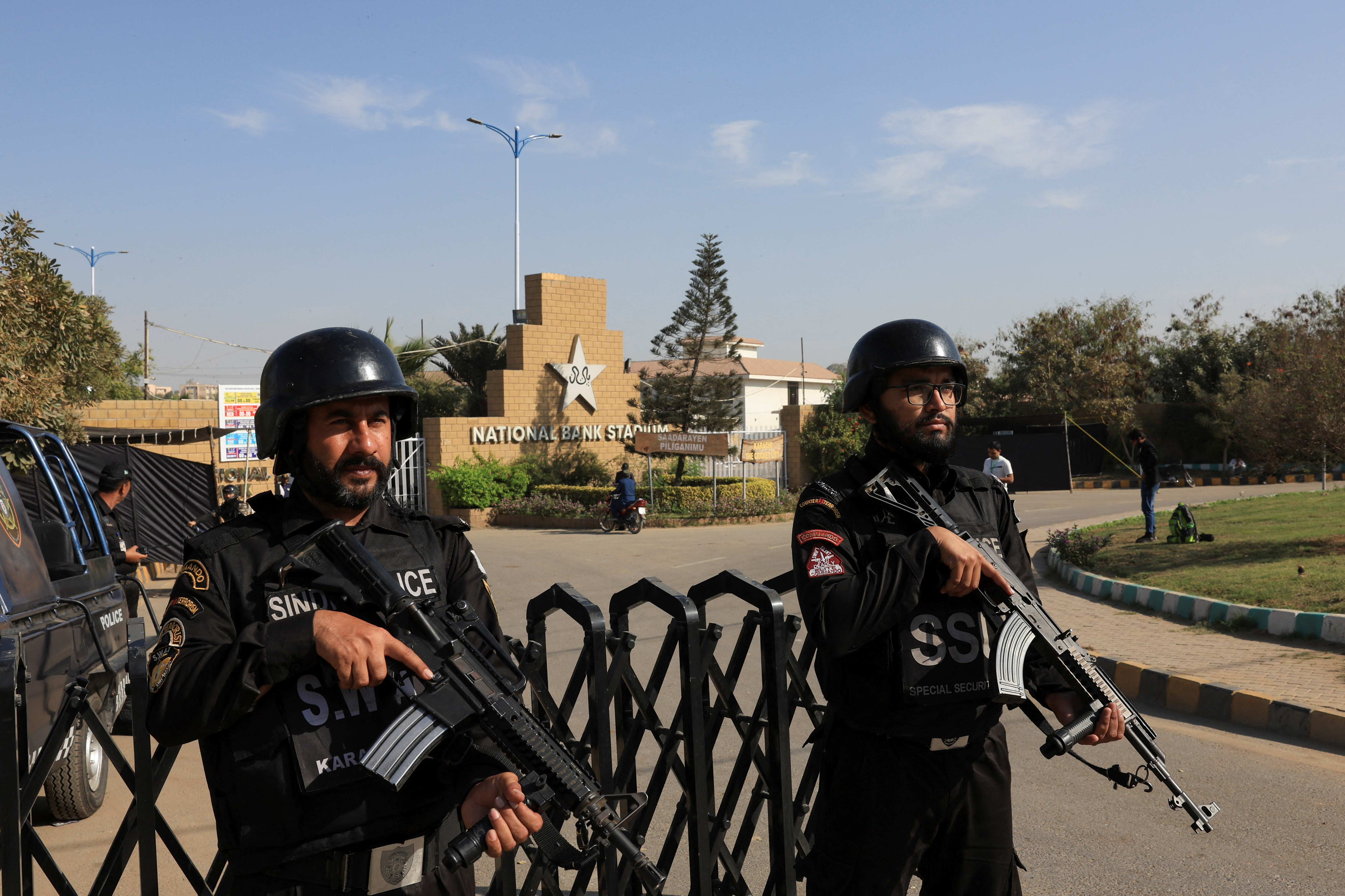Members of the Special Security Unit (SSU) stand guard outside National Bank Stadium in Karachi with a heavy security presence expected throughout Pakistan’s first International Cricket Council (ICC) tournament for nearly 30 years