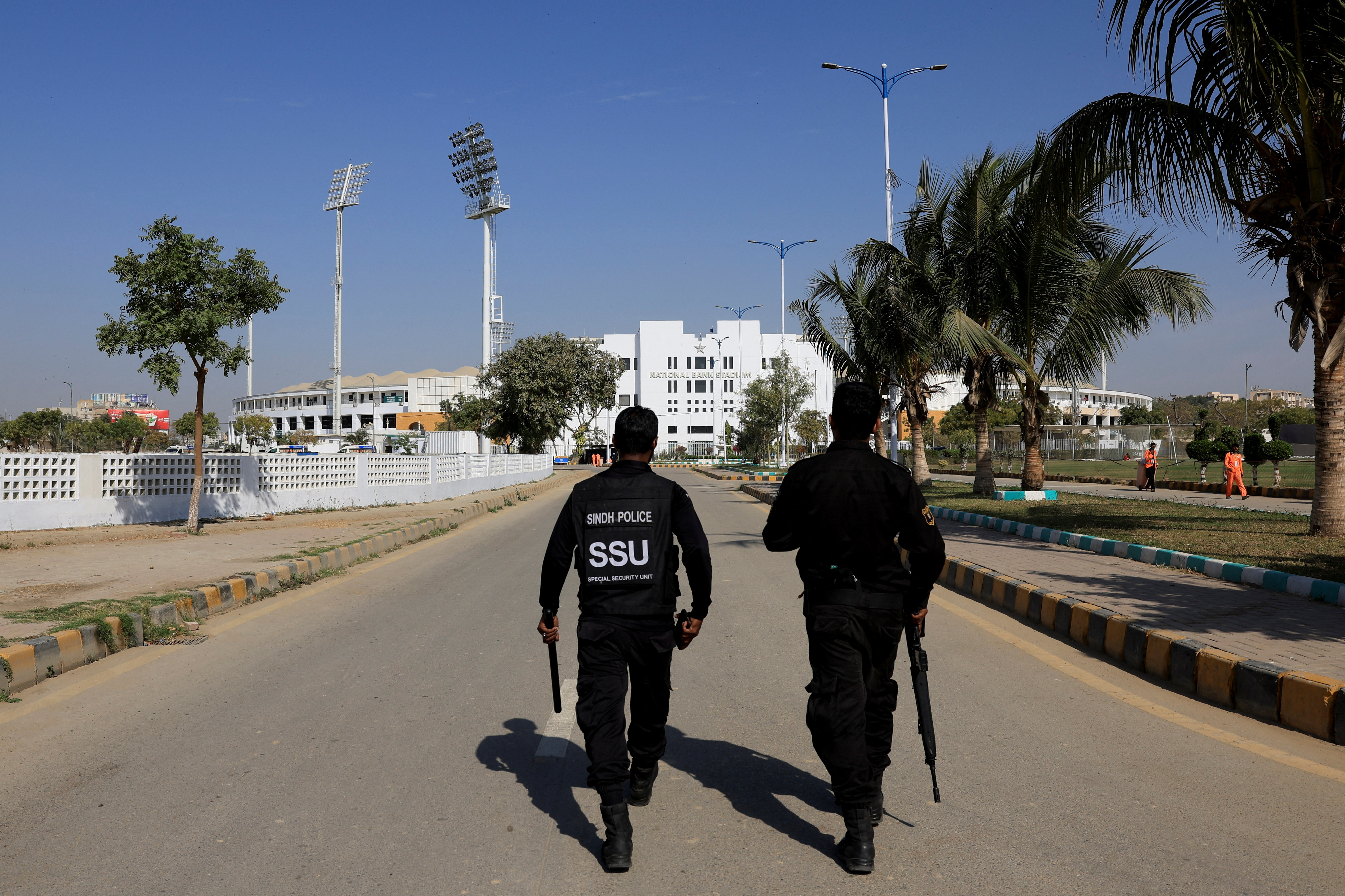 Members of the Special Security Unit (SSU) walk at the premises of the National Bank Stadium ahead of the ICC Champions Trophy 2025 tournament in Karachi, Pakistan February 14, 2025. REUTERS/Akhtar Soomro