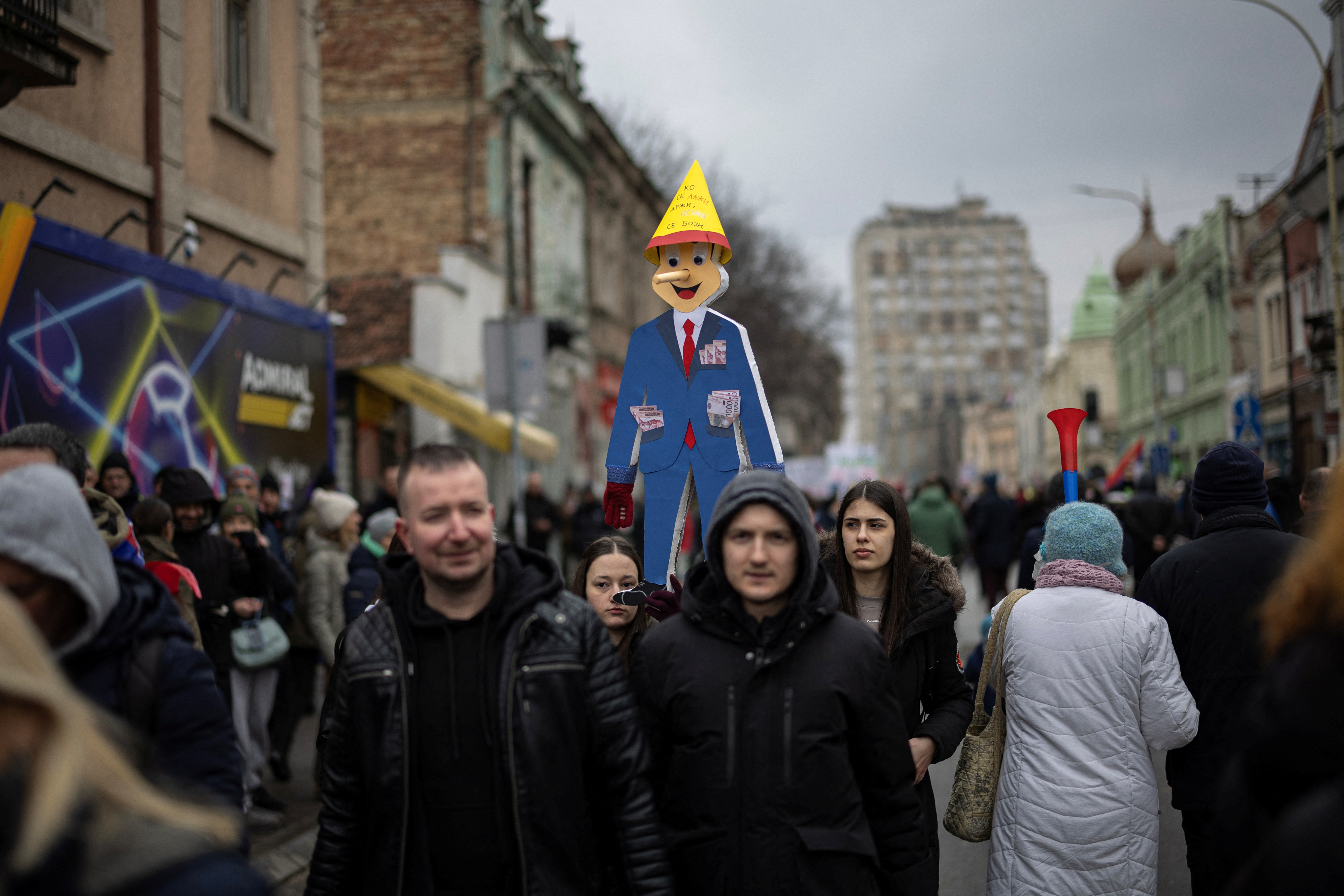 Demonstrators attend a protest over the fatal November 2024 Novi Sad railway station roof collapse, in Kragujevac, Serbia February 15, 2025. [Marko Djurica/Reuters]
