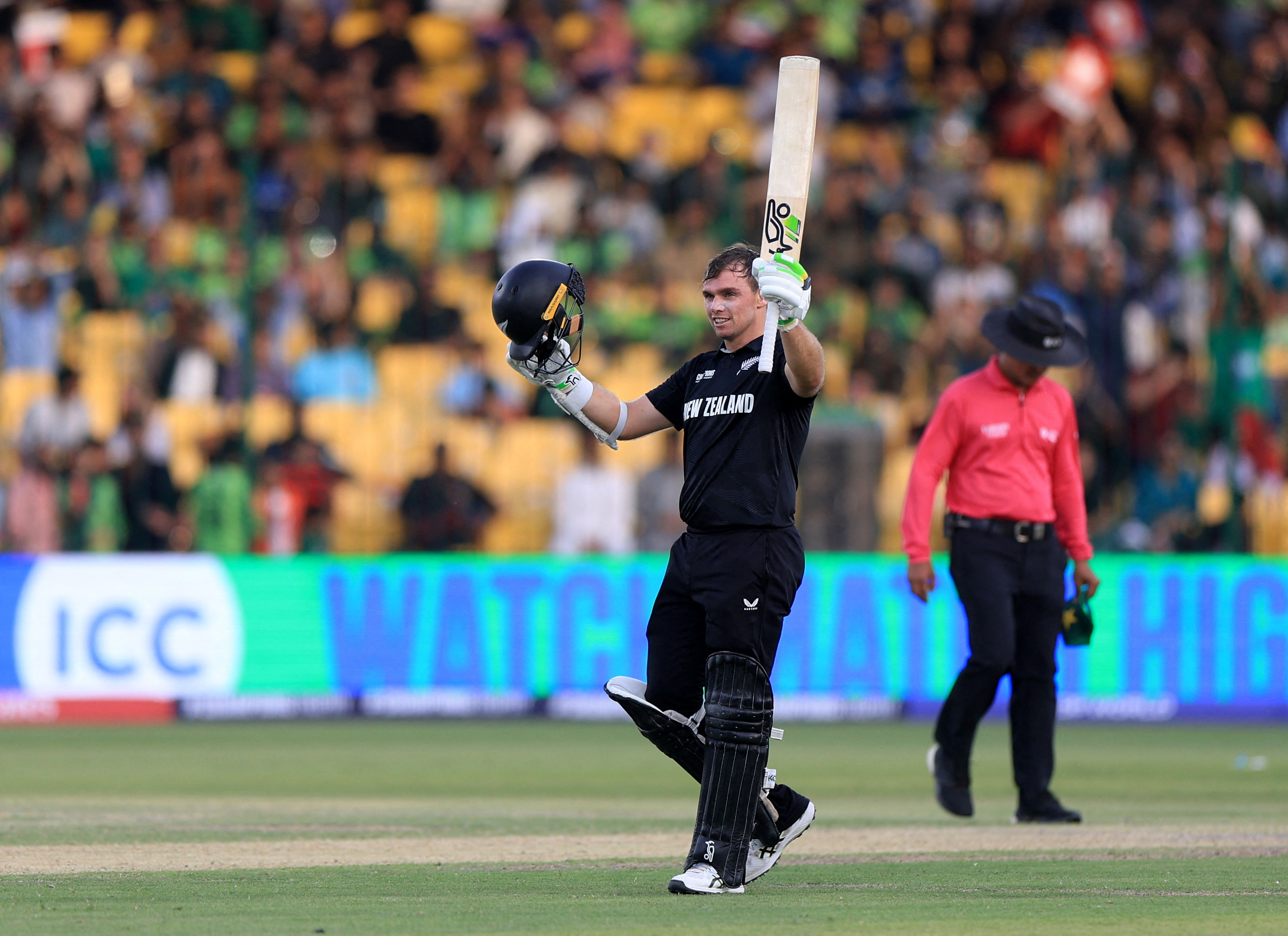 Cricket - ICC Men's Champions Trophy - Group A - Pakistan v New Zealand - National Stadium, Karachi, Pakistan - February 19, 2025 New Zealand's Tom Latham celebrates reaching his century REUTERS/Akhtar Soomro