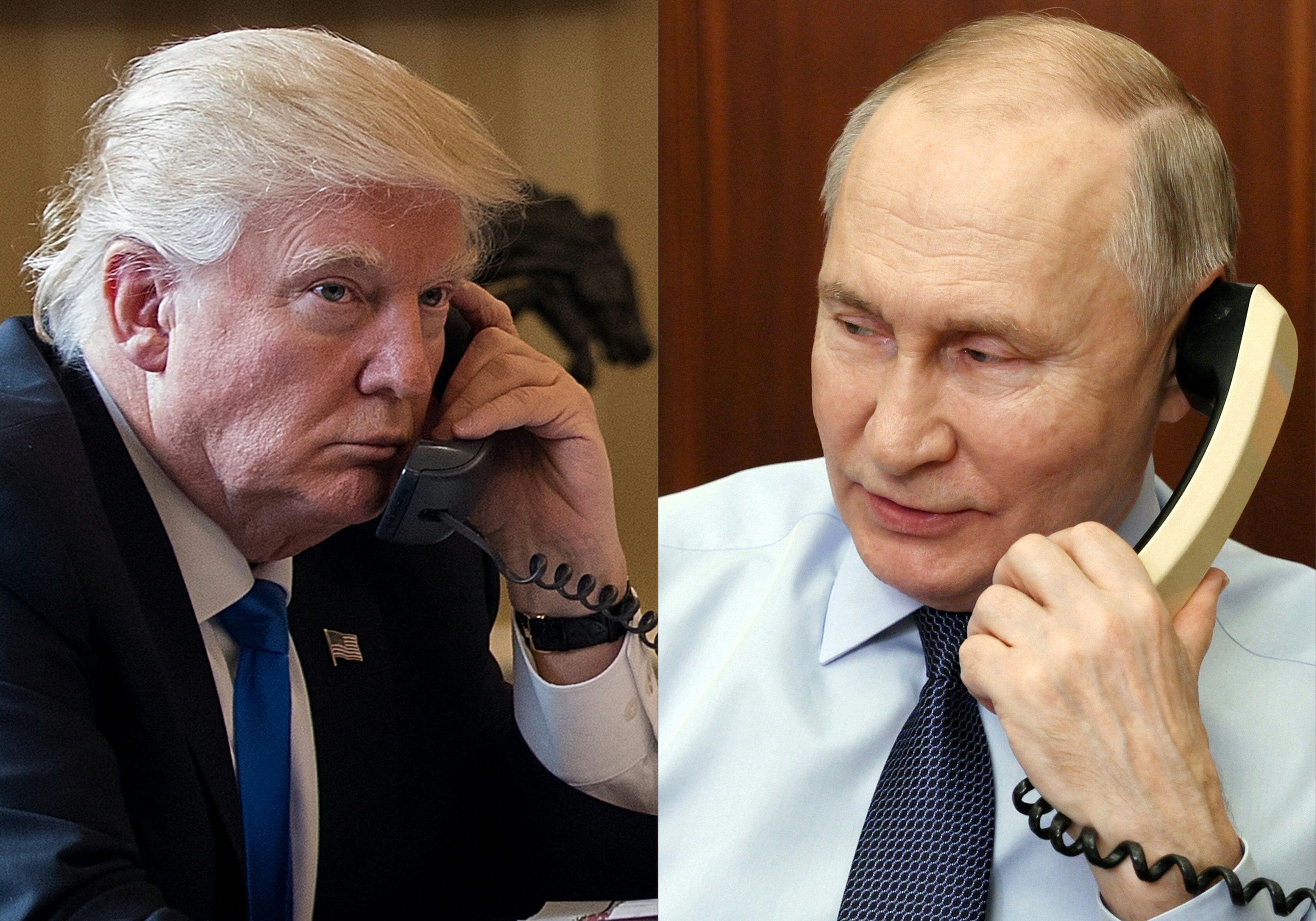 (COMBO) This combination of pictures created on March 18, 2025 shows President Donald Trump (L) on the phone on January 28, 2017 in Washington, and Russia's President Vladimir Putin (R) on the phone Moscow on December 27, 2023. The Kremlin said a highly-anticipated phone call between Vladimir Putin and Donald Trump will take place between 1300 GMT and 1500 GMT on March 18, 2025 and that the pair will discuss Ukraine and the "normalisation" of US-Russian ties. (Photo by Drew ANGERER and Gavriil GRIGOROV / various sources / AFP)