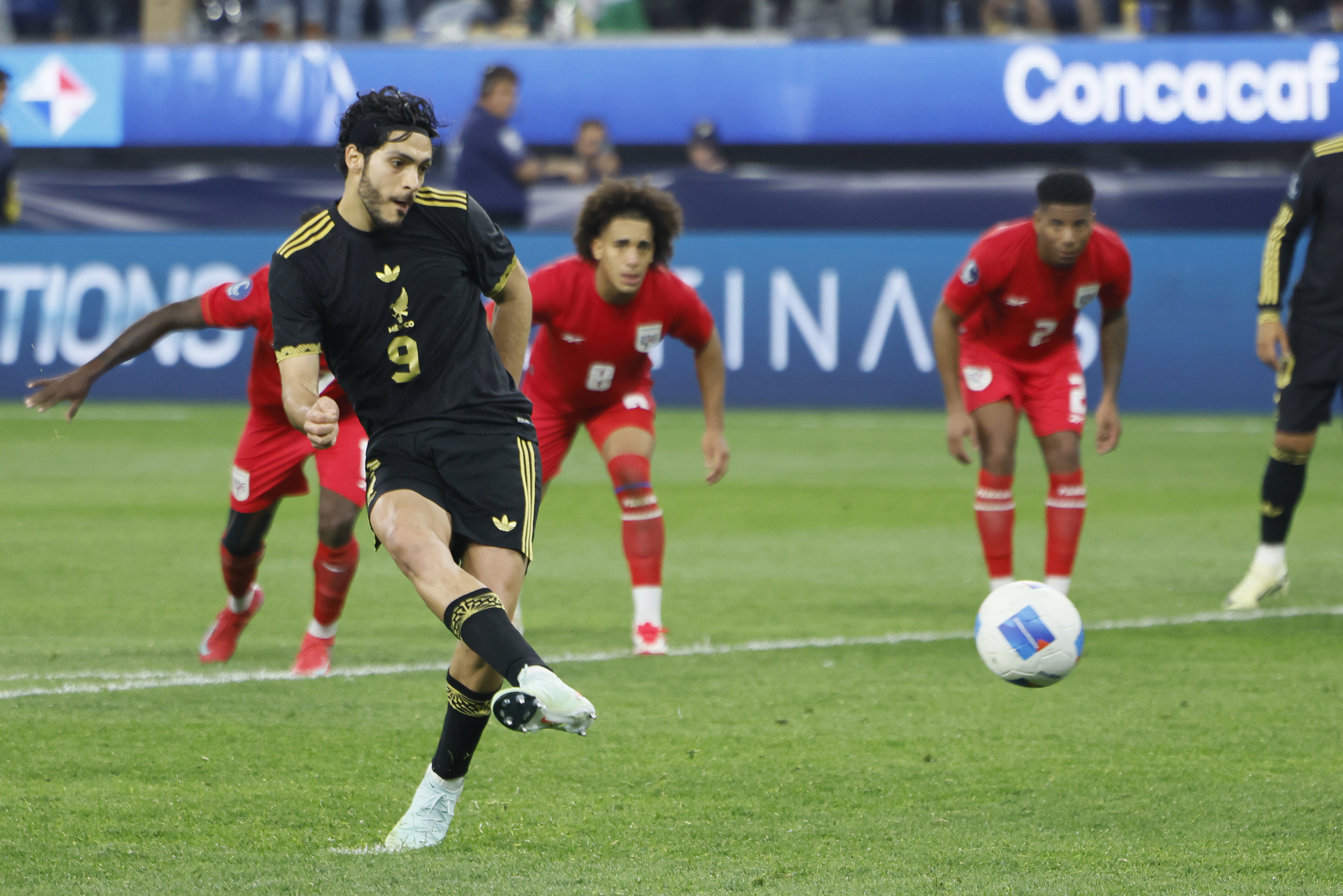 Mexico’s Raul Jimenez takes a penalty kick during the second half of a CONCACAF Nations League final match against Panama, March 23, 2025, in Inglewood, California, US
