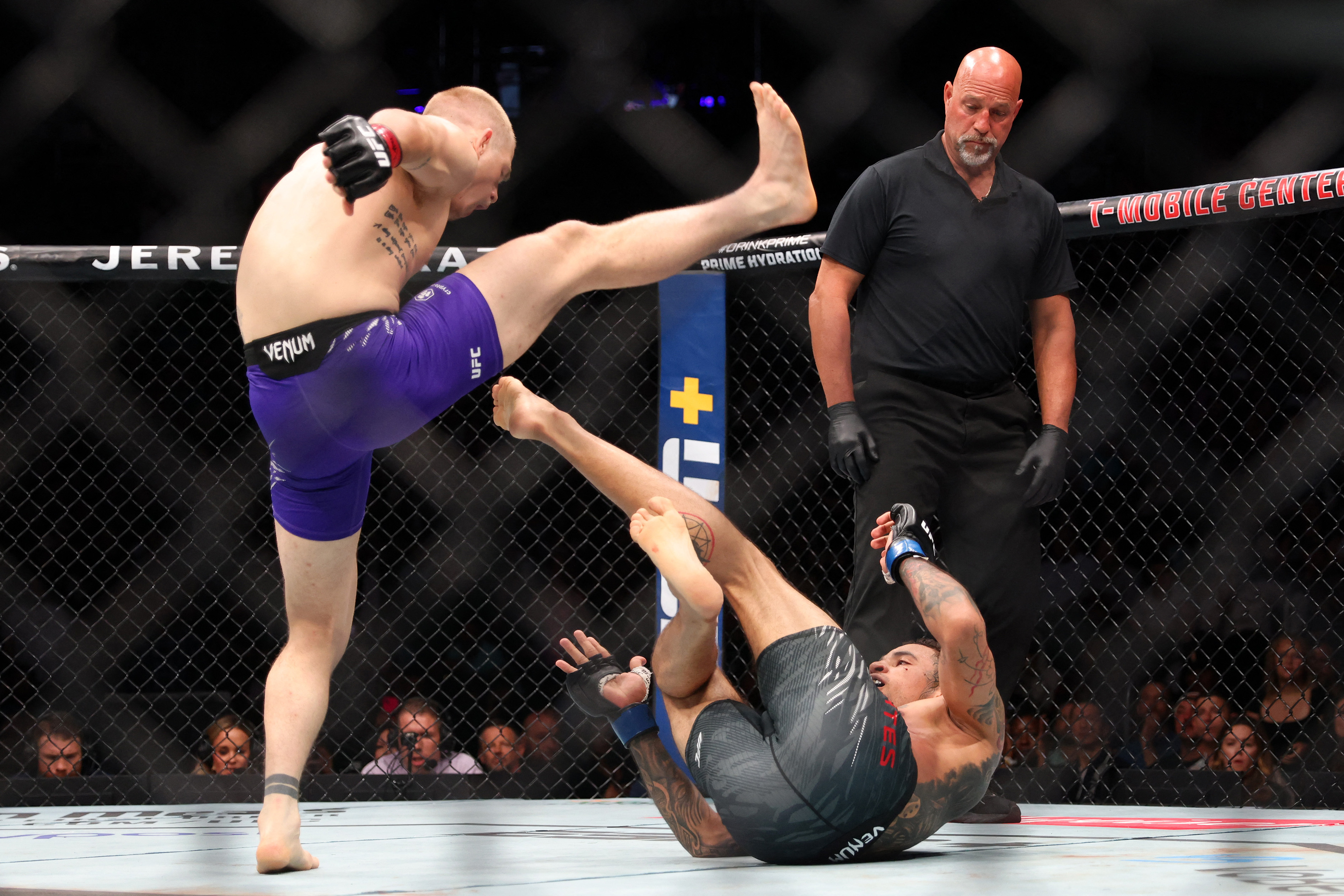 Ian Machado Garry, left, fights Carlos Prates during UFC Fight Night at T-Mobile Center, Kansas City, US on April 26, 2025