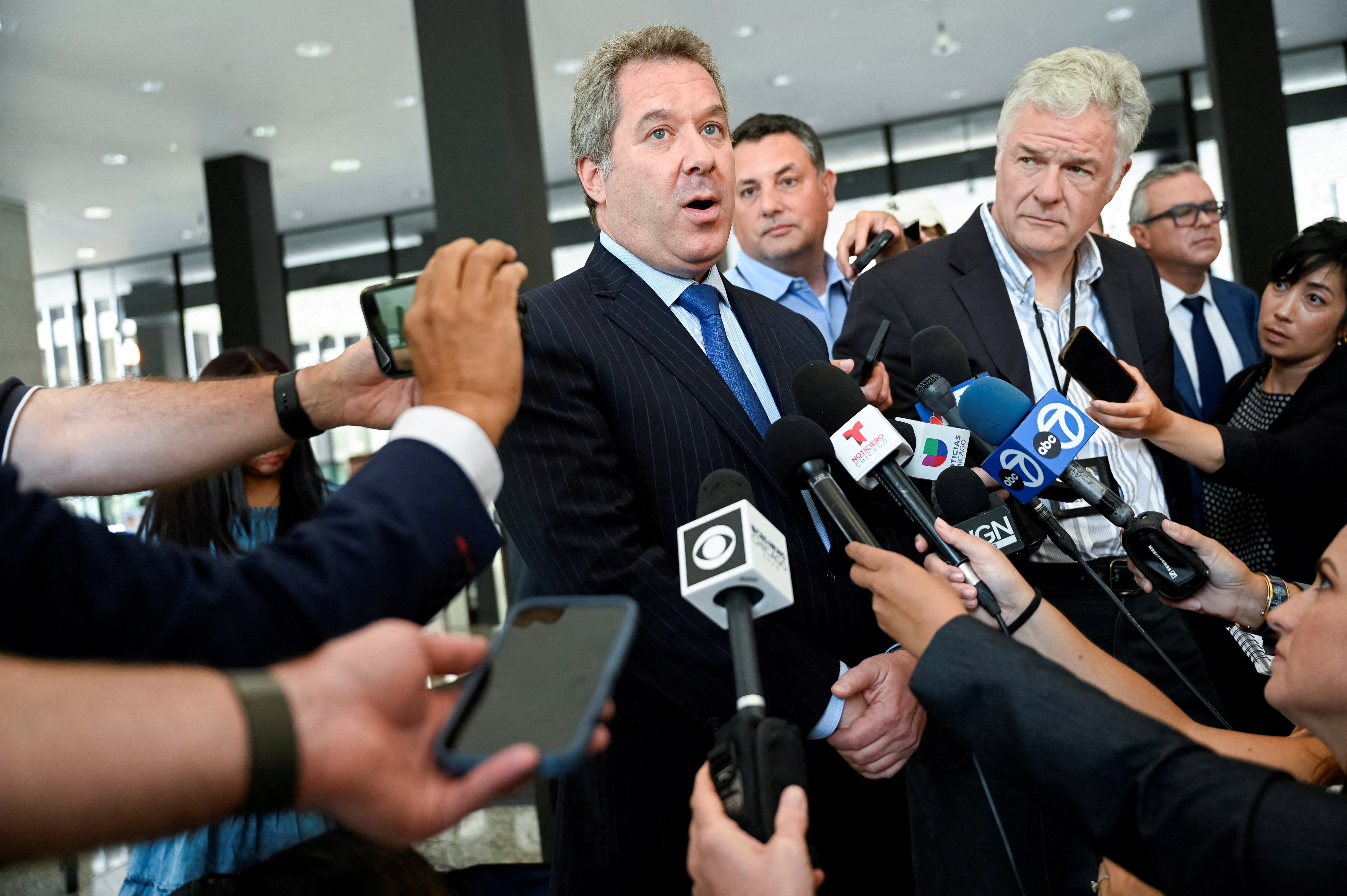 FILE PHOTO: Jeffrey Lichtman, lawyer for El Chapo's son, Joaquin Guzman Lopez, speaks to members of the press at the Dirksen U.S. courthouse as his client is set to make his initial U.S. court appearance in Chicago, Illinois, U.S., July 30, 2024. REUTERS/Vincent Alban/File Photo
