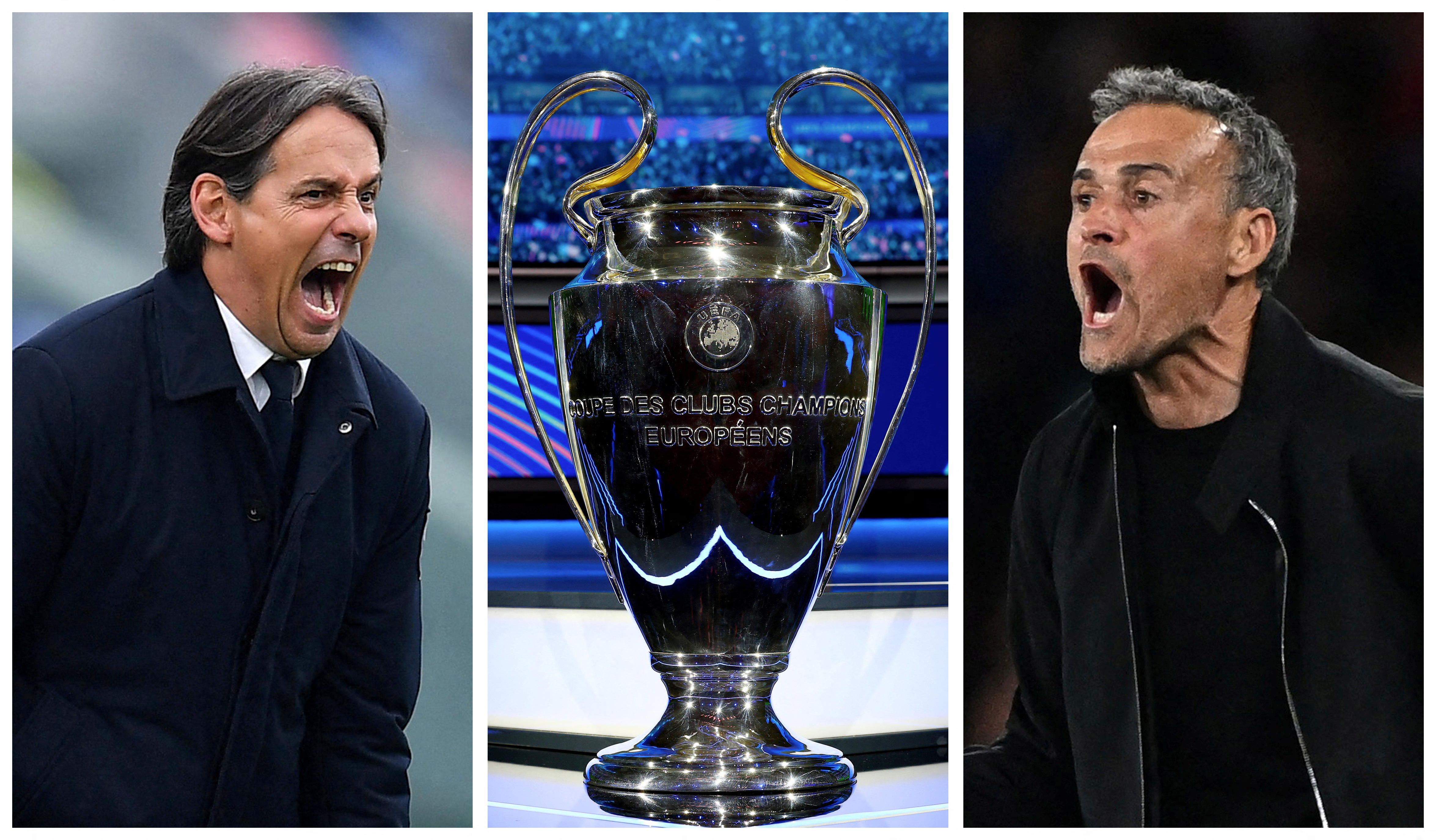 A combination picture shows Inter Milan coach Simone Inzaghi, the Champions League trophy and Paris St Germain coach Luis Enrique ahead of the Champions League final