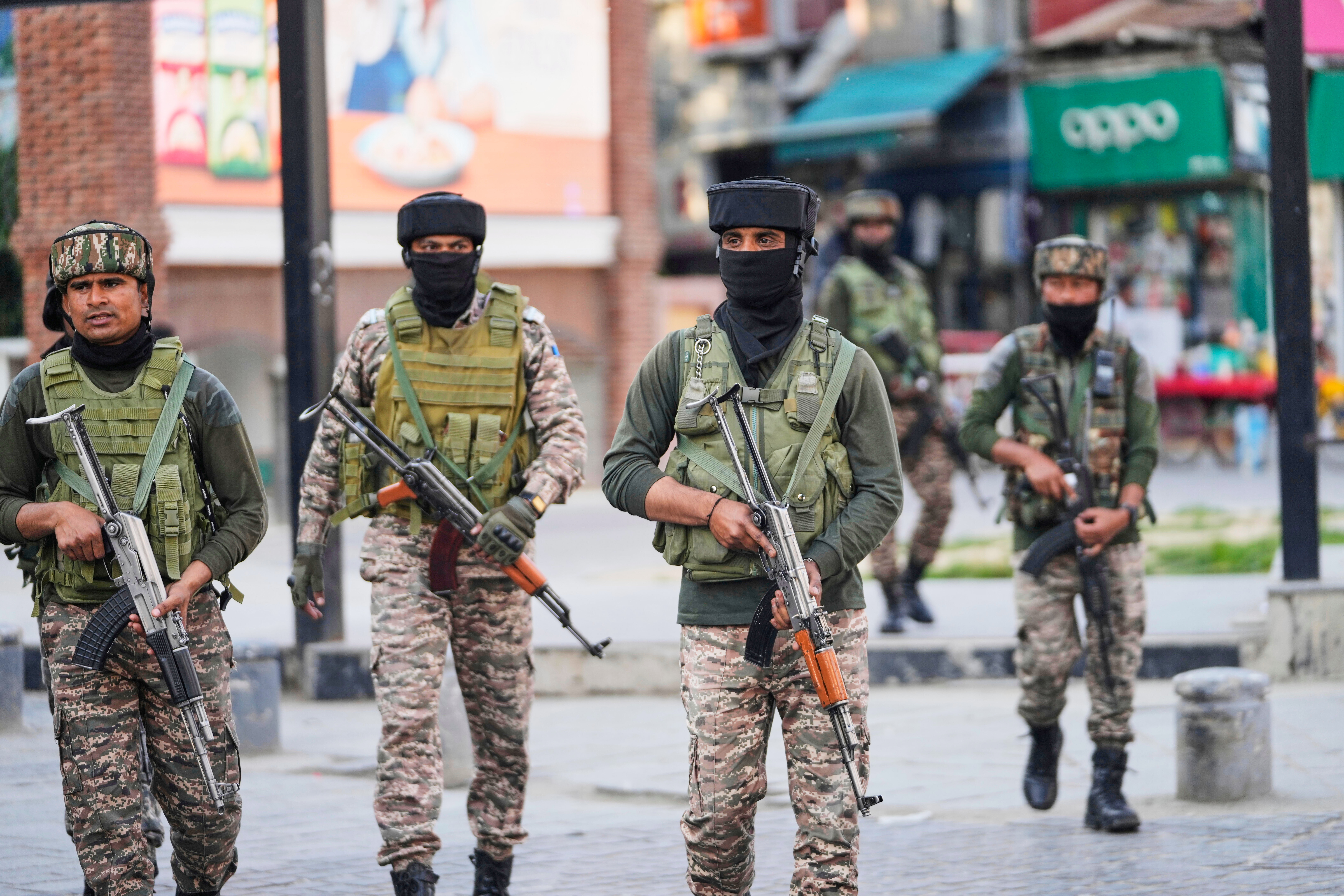 Indian soldiers are deployed at a market in Srinagar in India-administered Kashmir on May 6, 2025