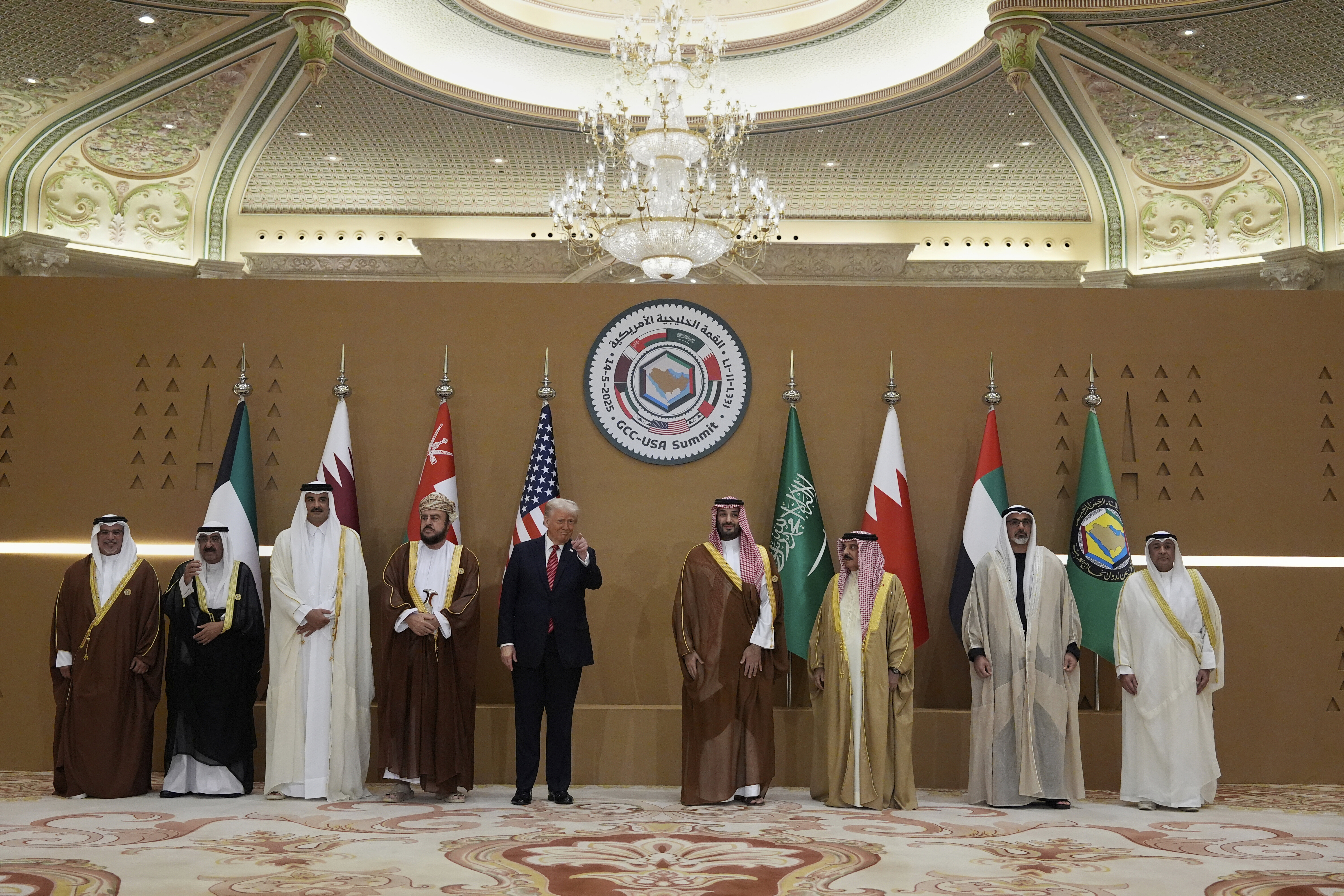 From left: Bahrain Crown Prince and Prime Minister Salman bin Hamad Al Khalifa, Kuwait Crown Prince Mishal Al-Ahmad Al-Jaber Al-Sabah, Qatari Emir Sheikh Tamim bin Hamad Al Thani, Omani Deputy Prime Minister for Relations and International Cooperation Affairs Sayyid Asaad bin Tariq Al Said, US President Donald Trump, Saudi Crown Prince Mohammed bin Salman, Bahrain King Hamad bin Isa Al Khalifa, UAE Crown Prince Sheikh Khaled bin Mohamed bin Zayed Al Nahyan and GCC Secretary-General Jasem Mohamed Albudaiwi during the GCC summit in Riyadh, Saudi Arabia, on May 14, 2025