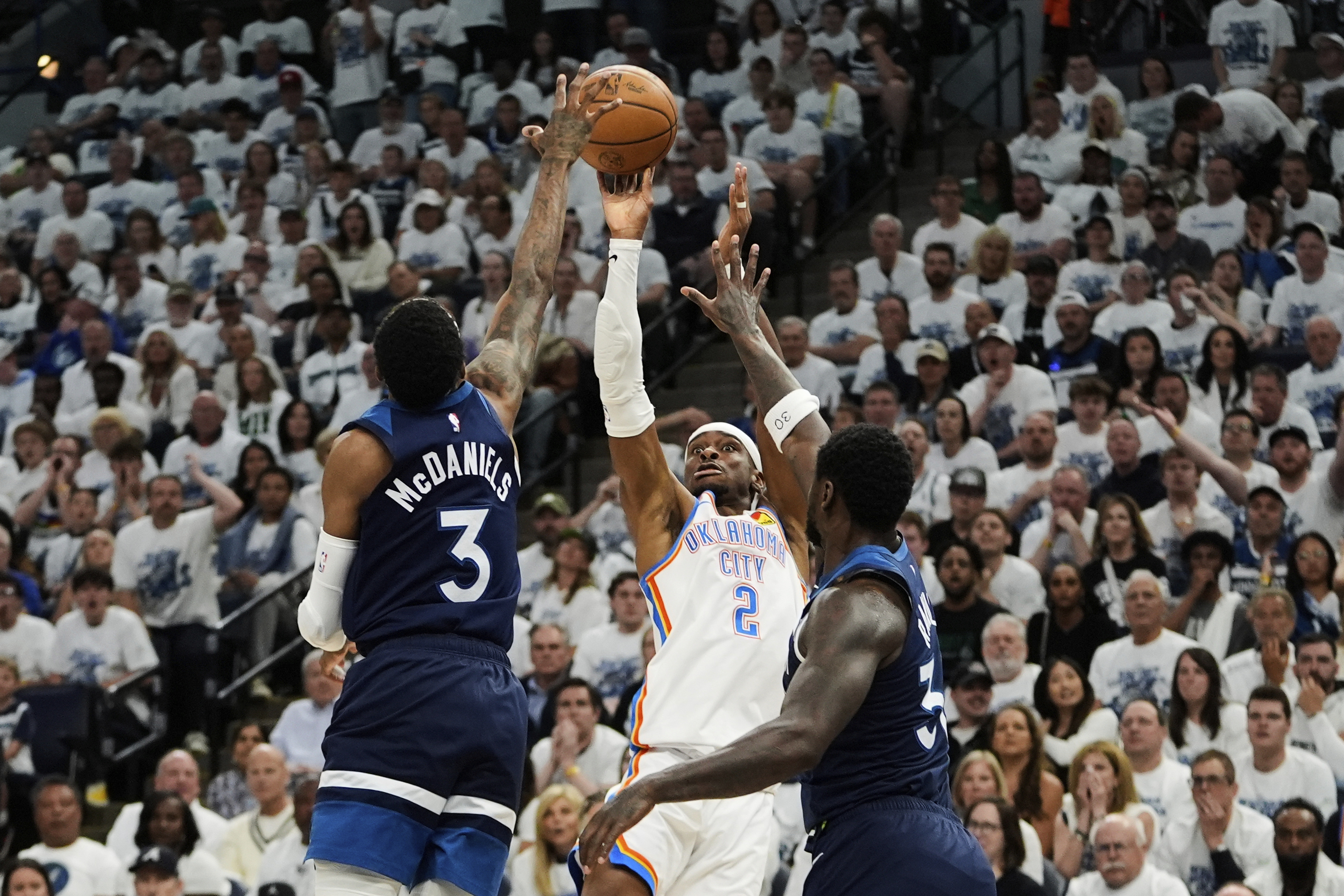 Oklahoma City Thunder guard Shai Gilgeous-Alexander (#2), centre, scored only 14 points on 4-for-13 shooting in Game 3, May 24, 2025