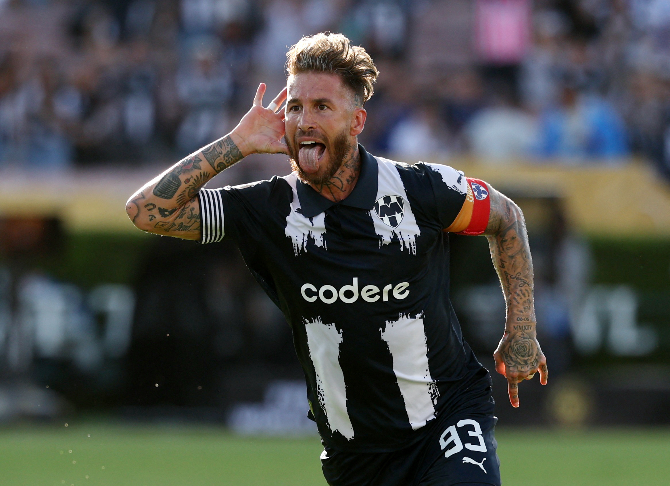 Sergio Ramos celebrates after scoring for Mexico's CF Monterrey against Italian side Inter Milan