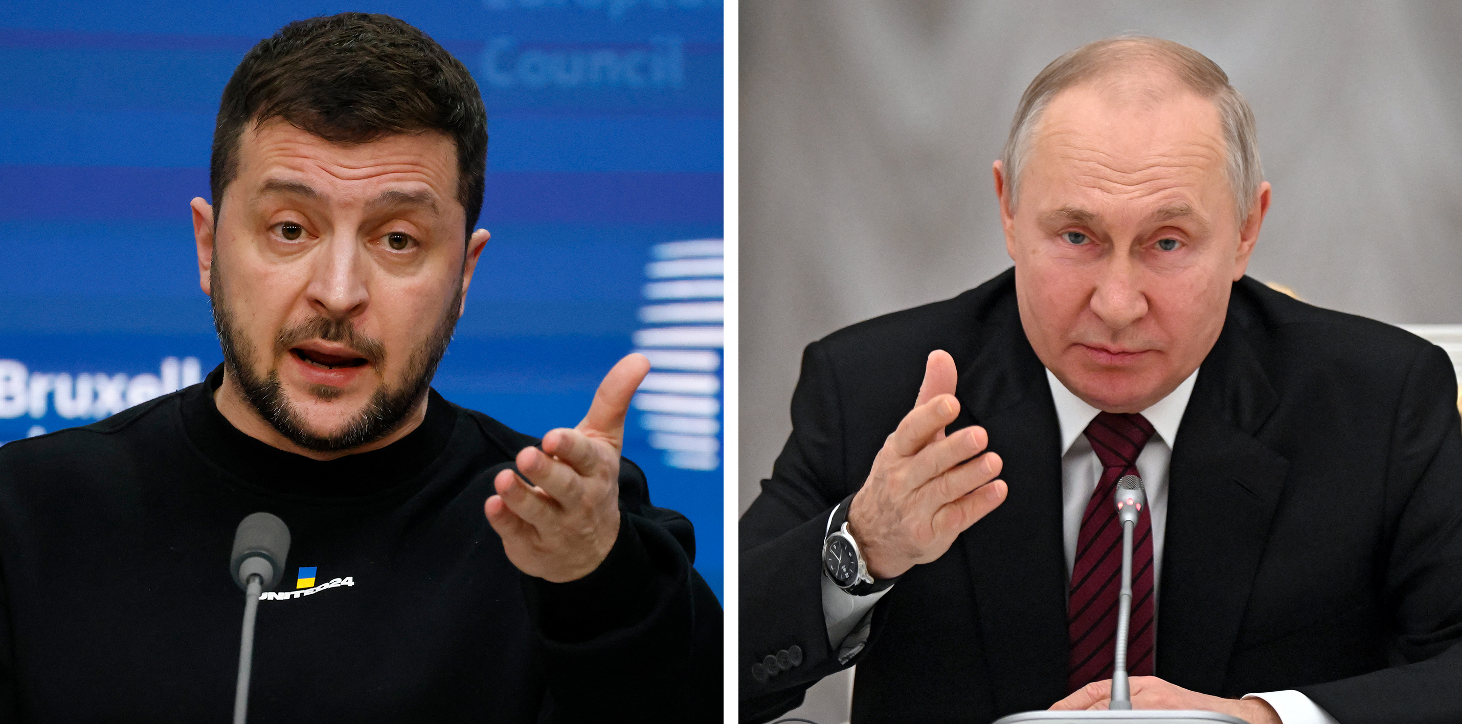 (COMBO) This combination of file pictures created on February 13, 2023 shows Ukraininan President Volodymyr Zelensky giving a press conference as part of a EU summit in Brussels, on February 9, 2023 and Russian President Vladimir Putin chairing a meeting with secretaries of foreign security councils at the Kremlin in Moscow on February 8, 2023. (Photo by Ludovic MARIN and Grigory SYSOYEV / various sources / AFP)