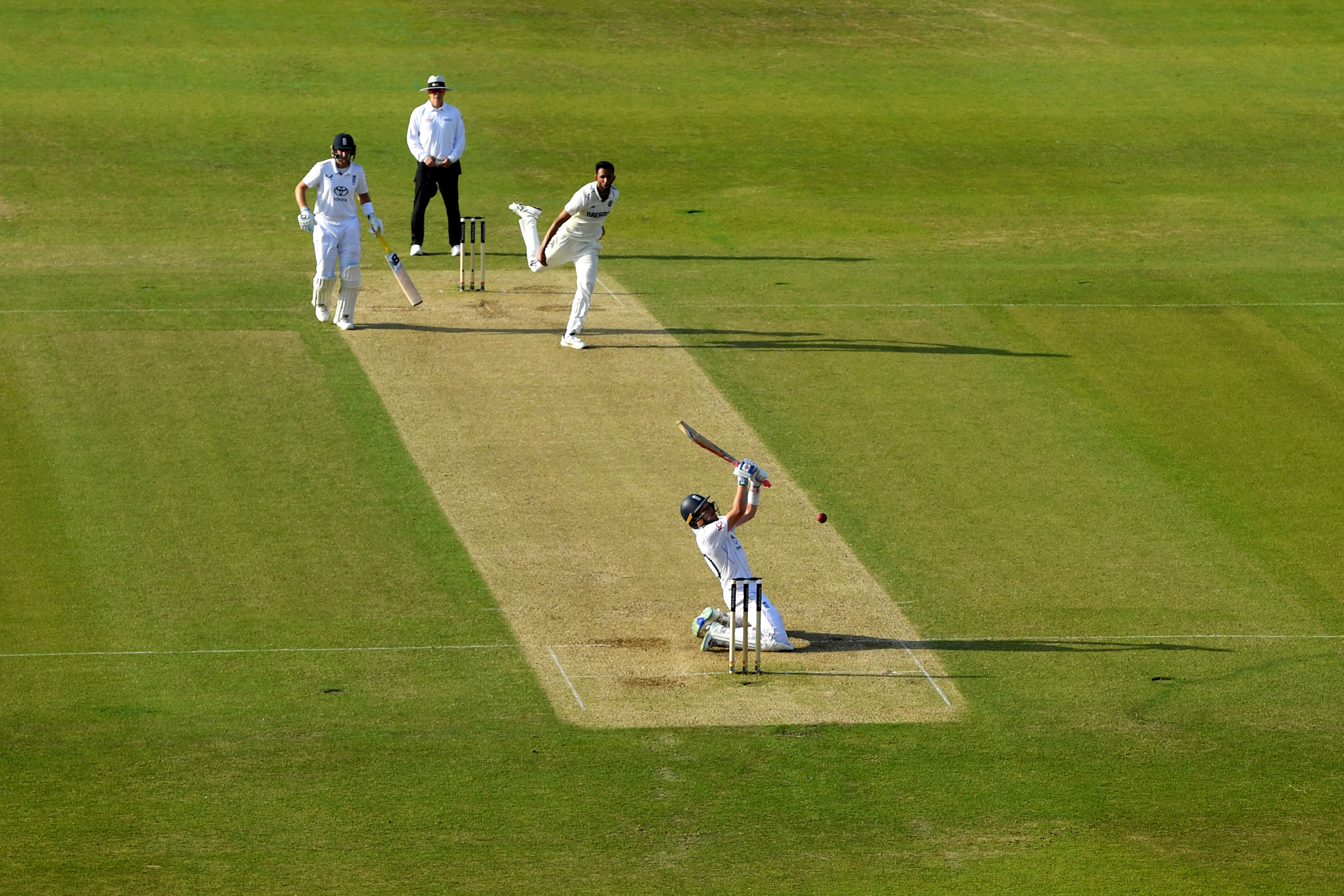 Ollie Pope of England bats from a Prasidh Krishna delivery during Day Two of the 1st Rothesay Test Match between England and India