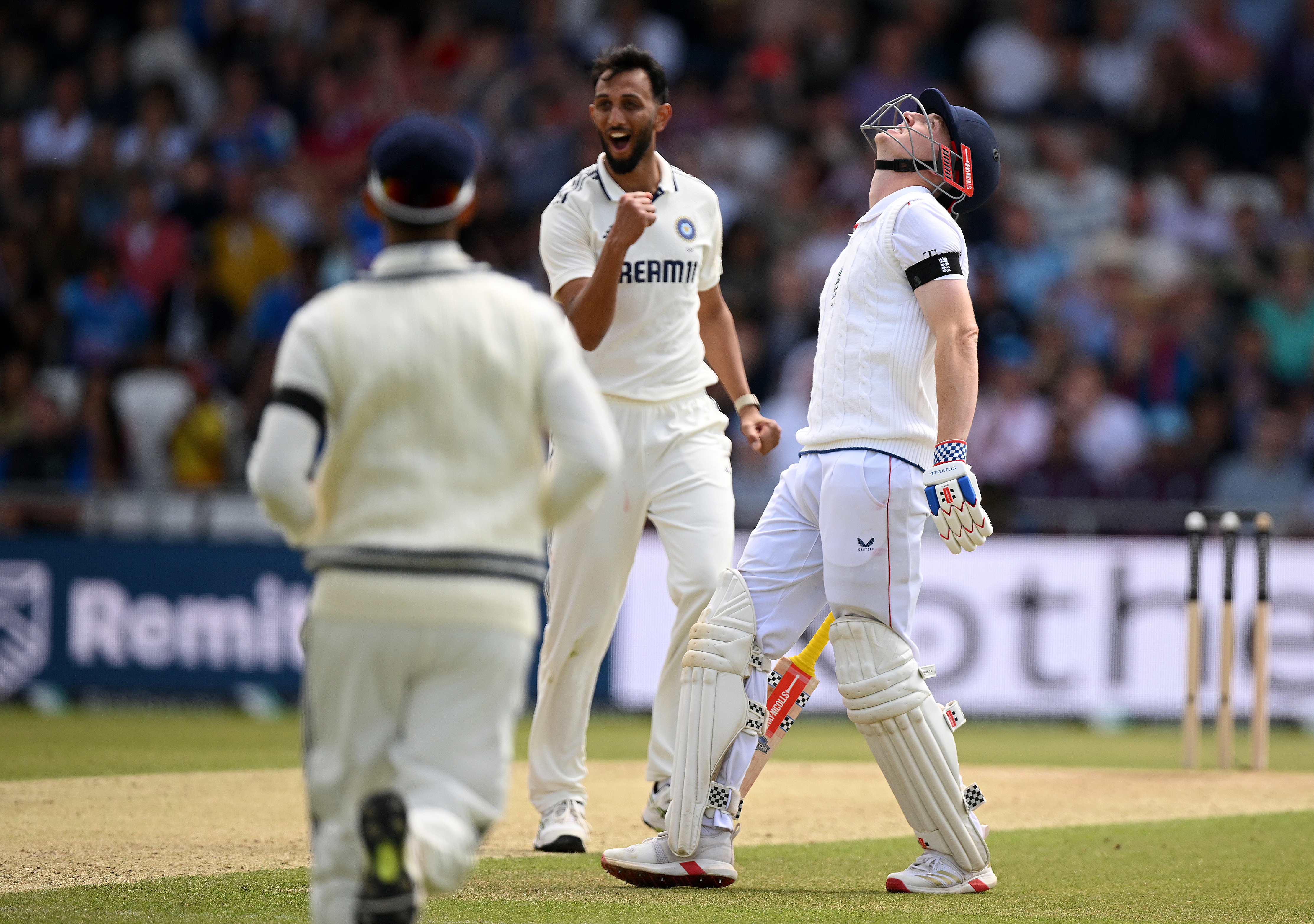 Harry Brook of England is dismissed for 99 off the bowling of Prasidh Krishna of India during Day Three of the 1st Rothesay Test Match between England and India 
