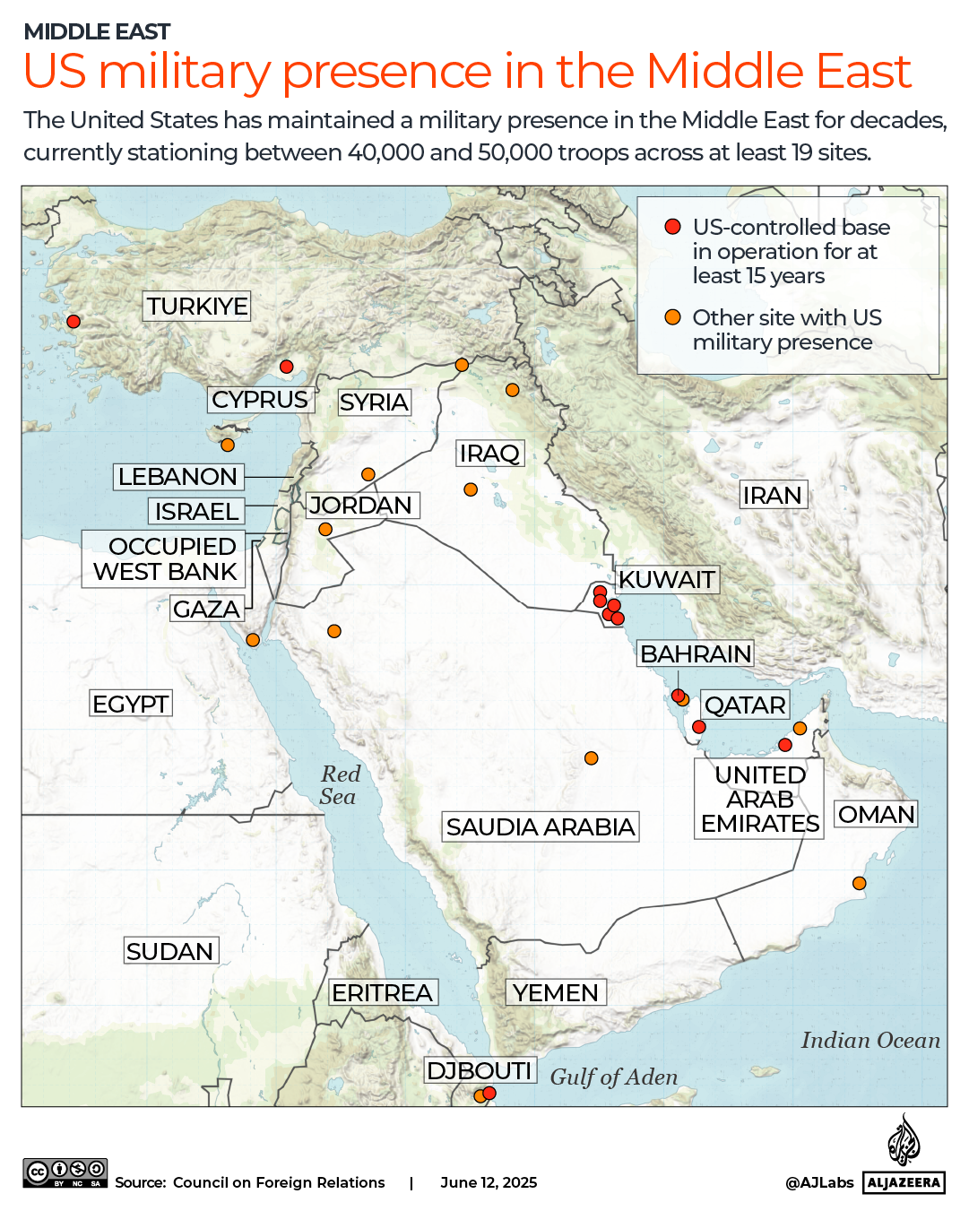(previous version) A map showing the US military presence in the Middle East