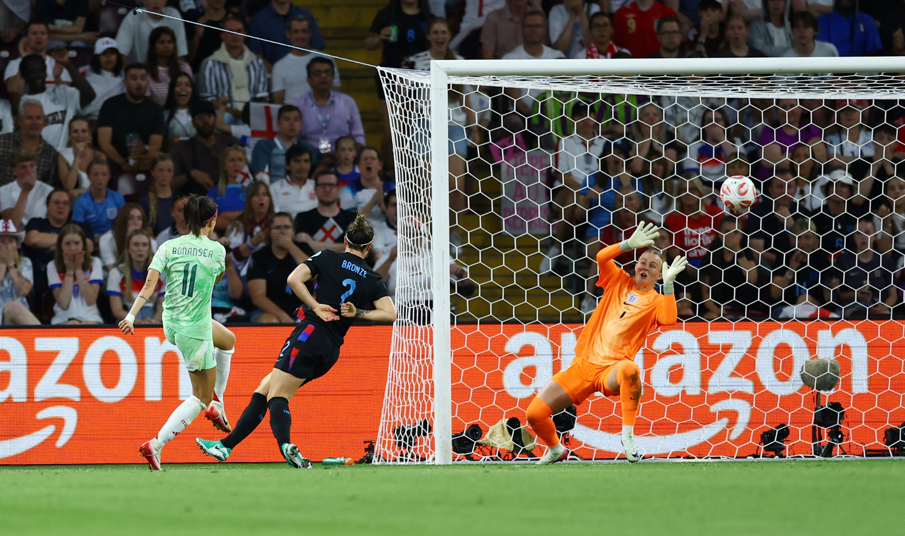 Italy's Barbara Bonansea scores their first goal past England's Hannah Hampton