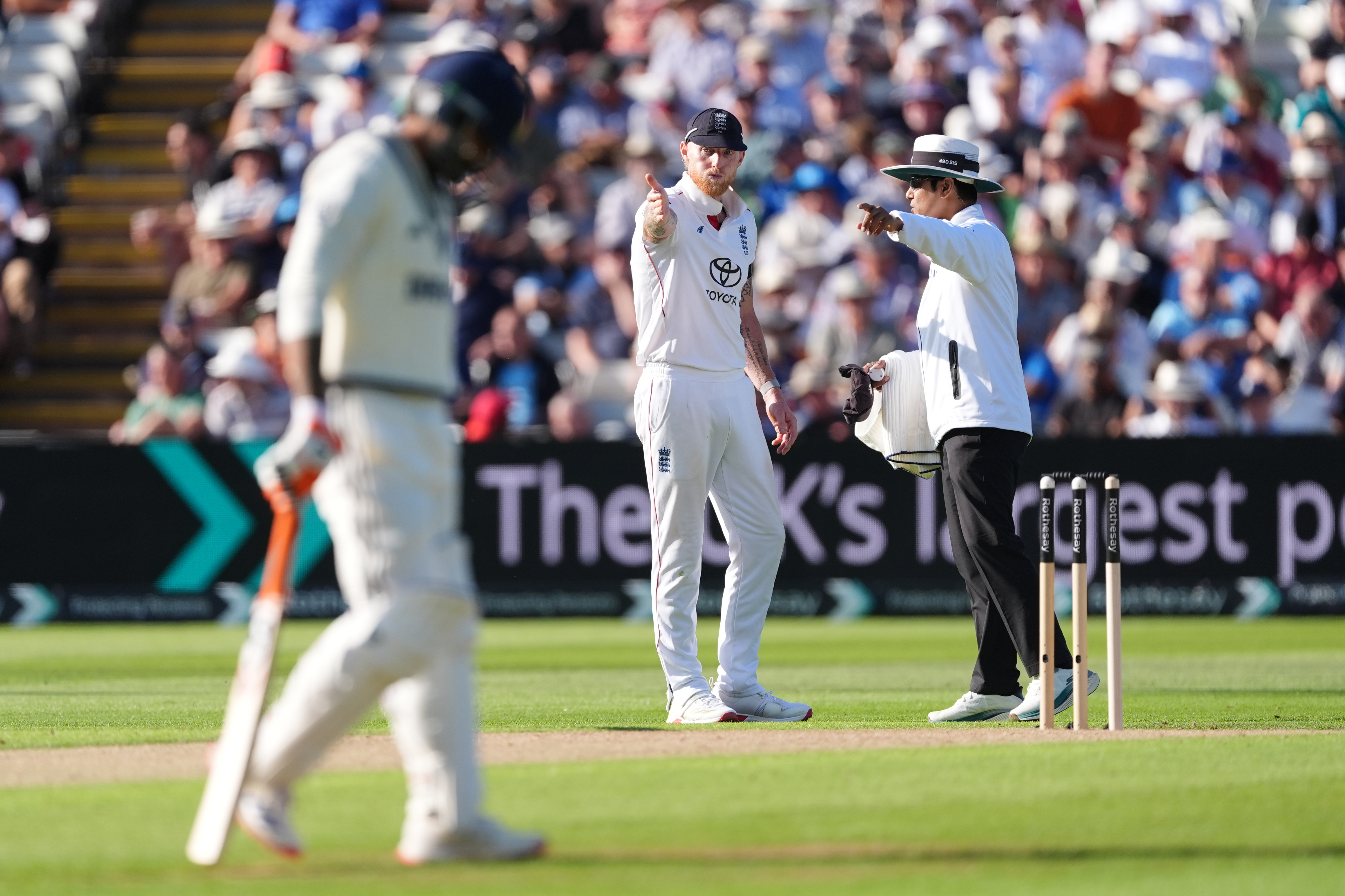 England's Ben Stokes speaks to Umpire Sharfuddoula (right) on day one of the Second Rothesay Men's Test at Edgbaston