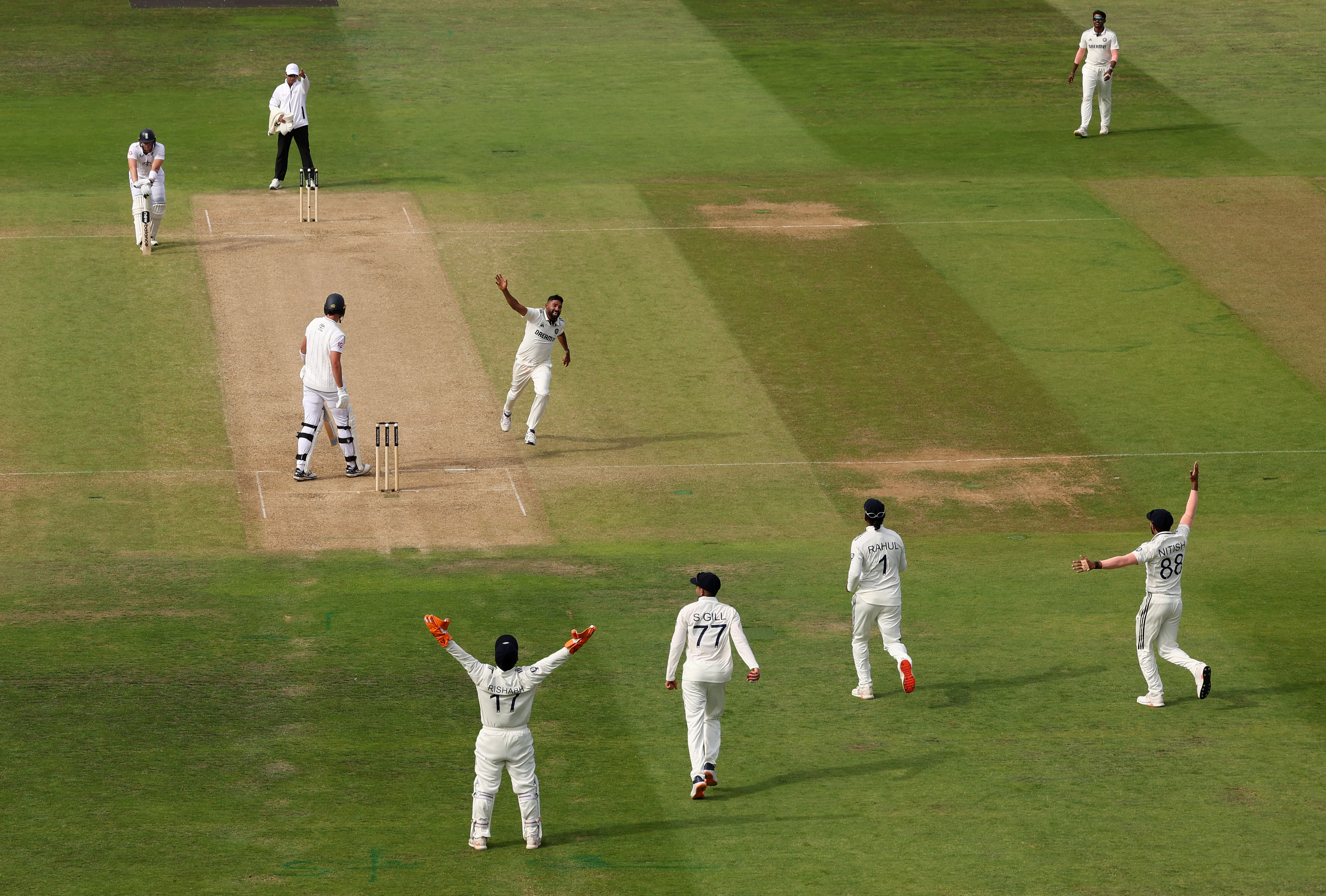 Mohammed Siraj of India celebrates the wicket of Josh Tongue of England during Day Three of the second Test