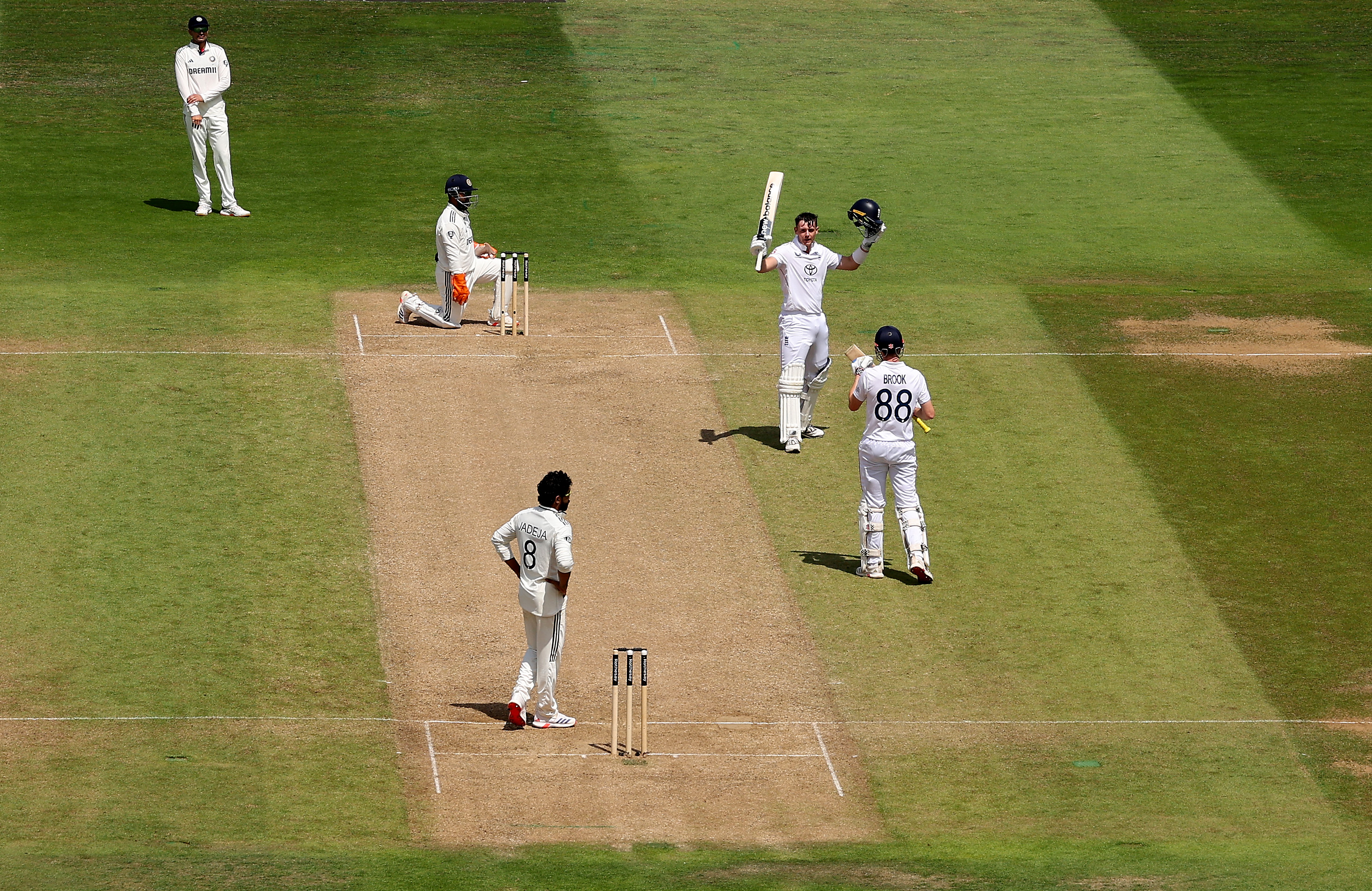 Jamie Smith of England celebrates reaching his century during Day Three of the second Test