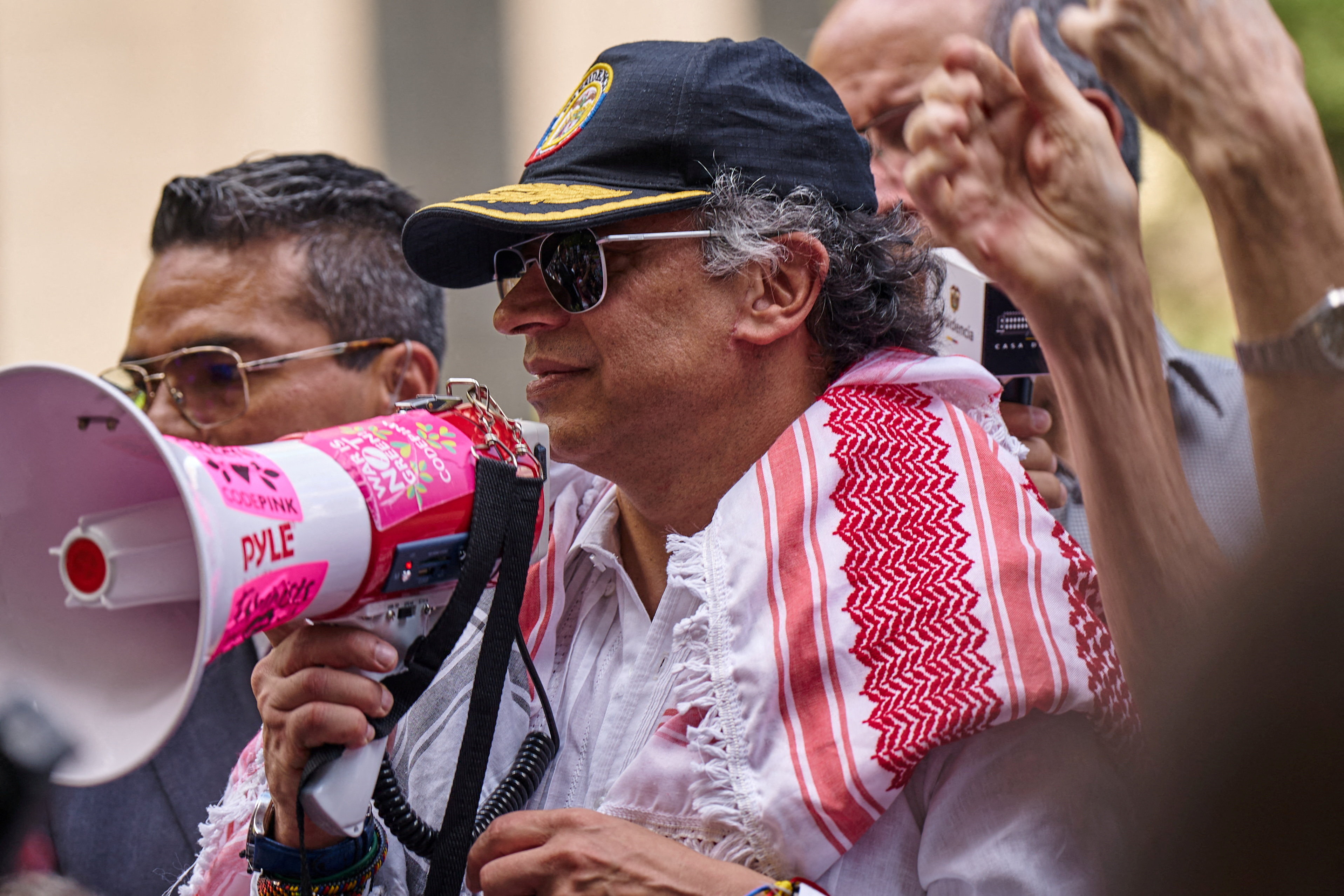 Colombian President Gustavo Petro addresses pro-Palestinian demonstrators at Dag Hammarskjold Plaza outside UN headquarters during the 80th United Nations General Assembly.