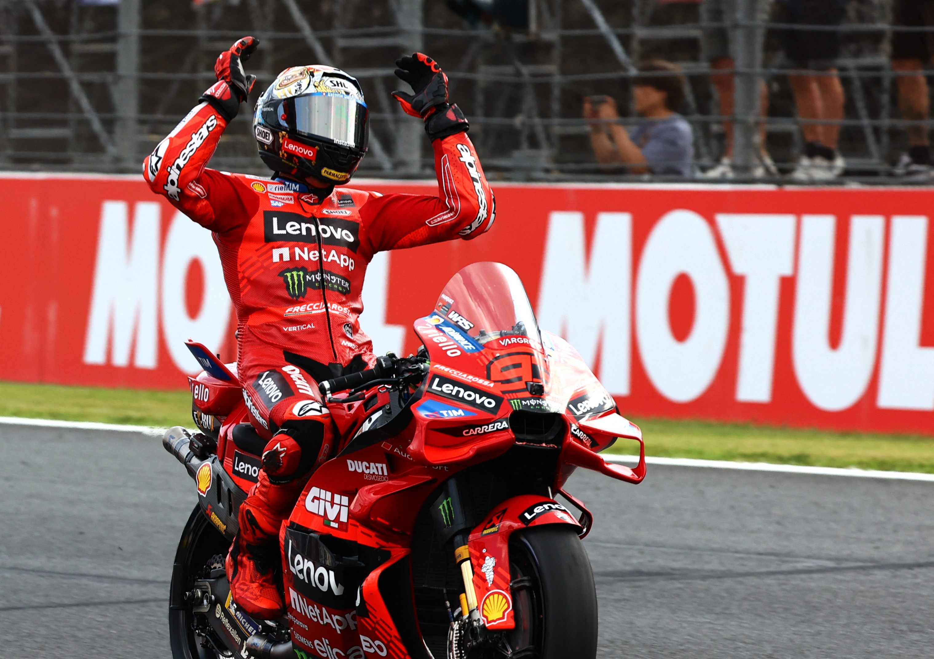 Marquez celebrates after finishing second in the Japanese MotoGP