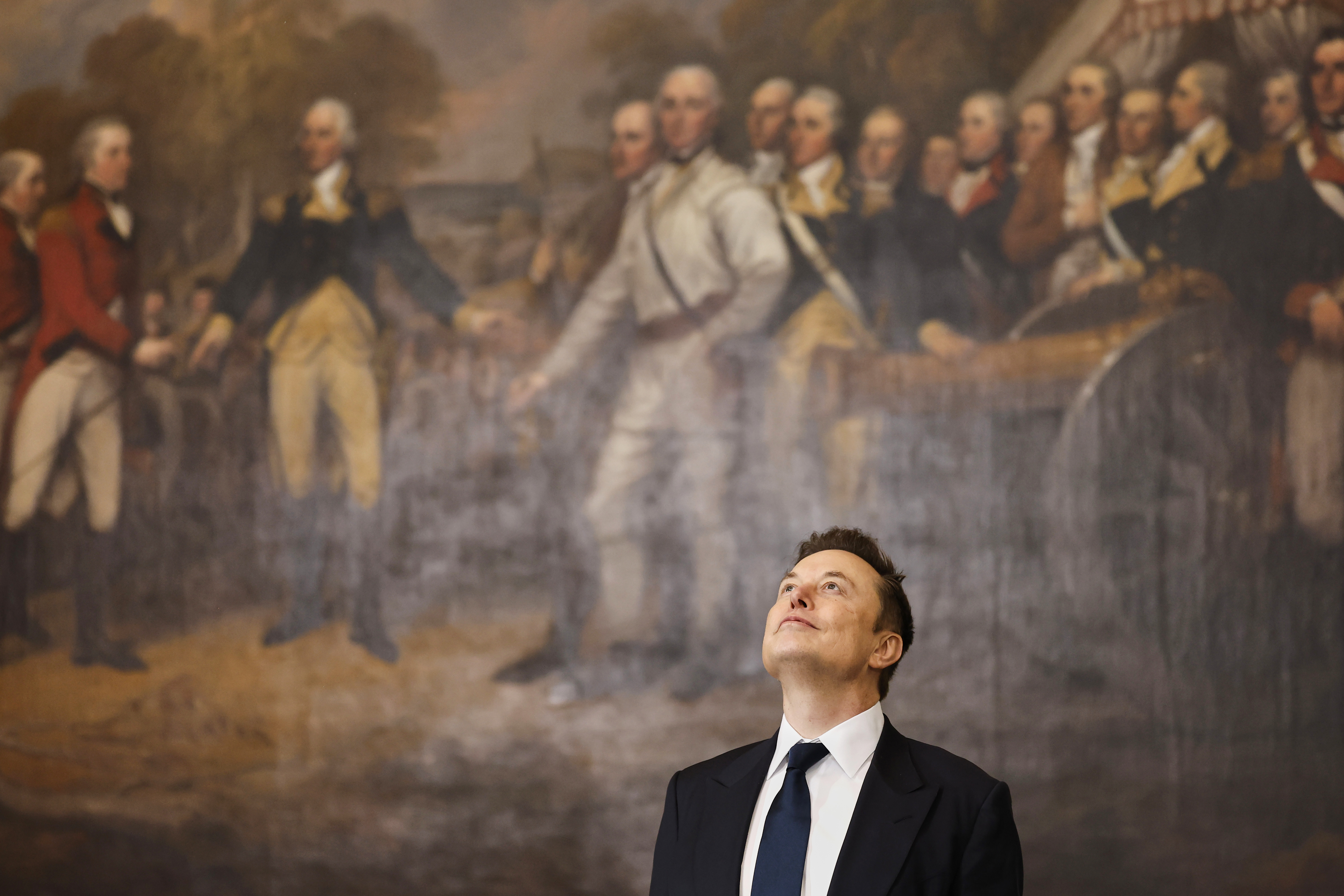 Elon Musk looks up in front of a painting in the US Capitol