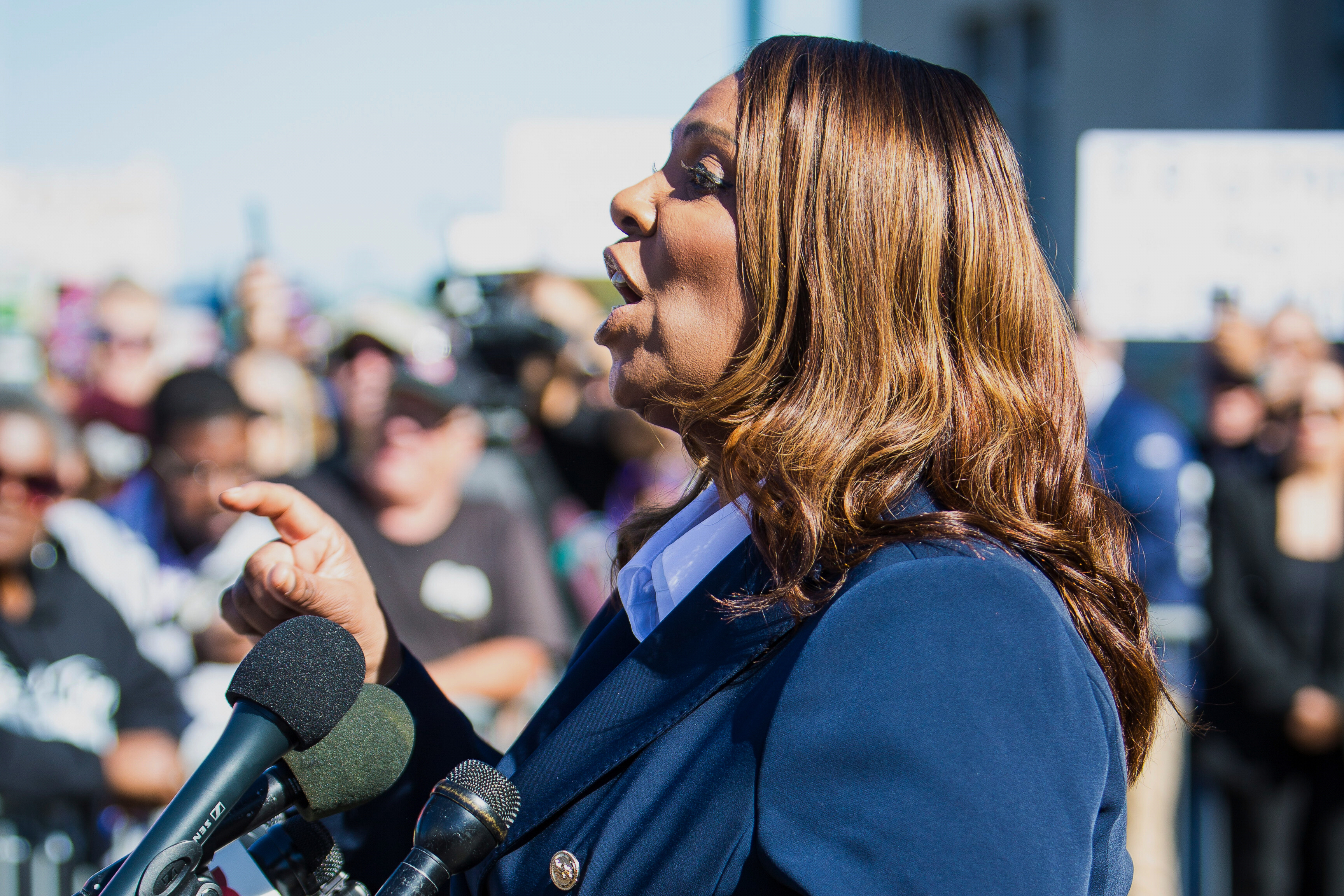 Letitia James speaks outside a Norfolk, Virginia, courtroom.