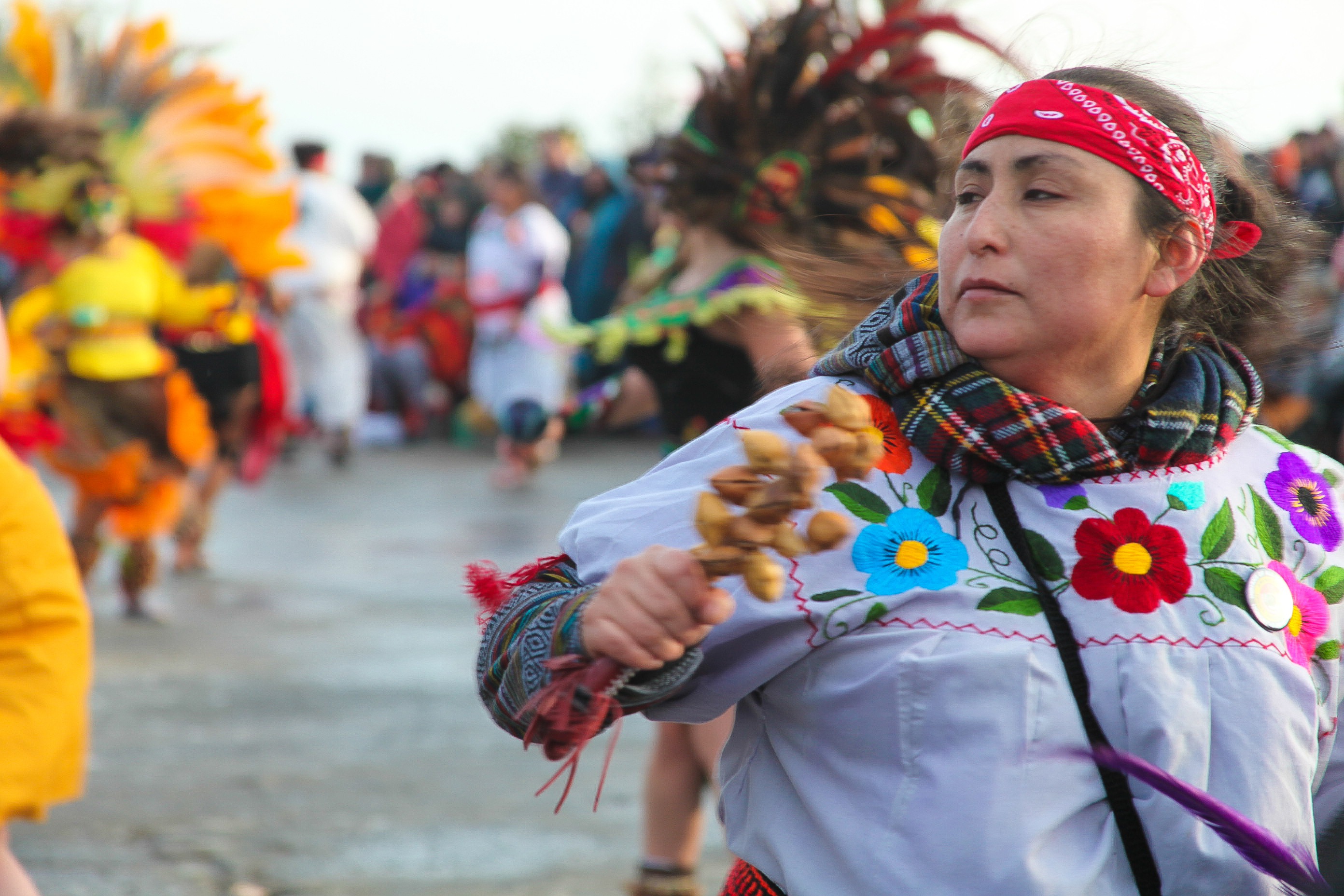 An Indigenous dancer performs on Alcatraz Island's sunrise ceremony in 2019