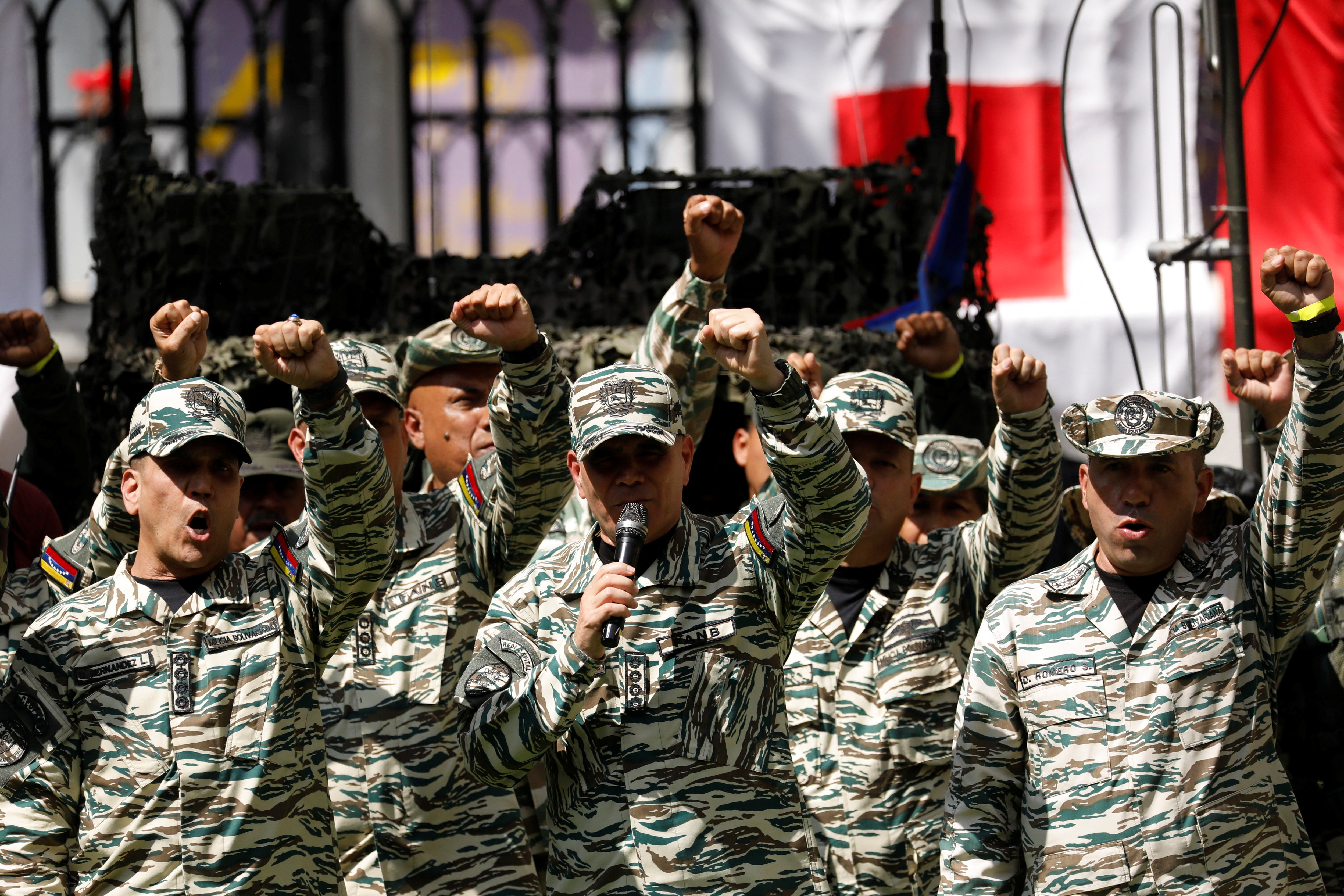 Venezuelan Defence Minister Vladimir Padrino Lopez and military high command officers attend a drill after President Nicolas Maduro’s call to defend national sovereignty